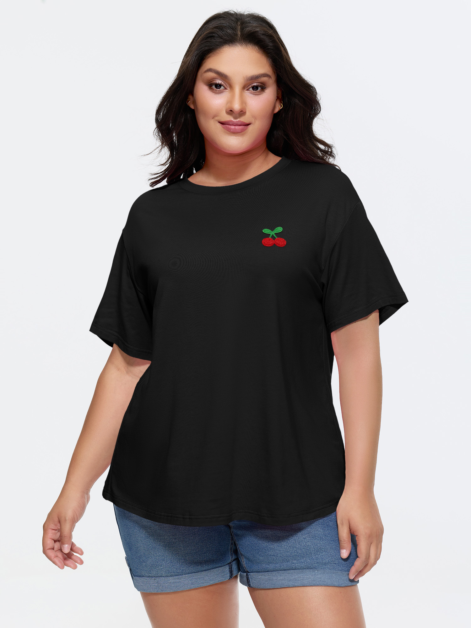 BloomChic Women's Plus Size Supersoft Cherry Cute Relaxed-Fit T-Shirt Black Solid Everyday-Casual Short sleeve Round Neck 10/M