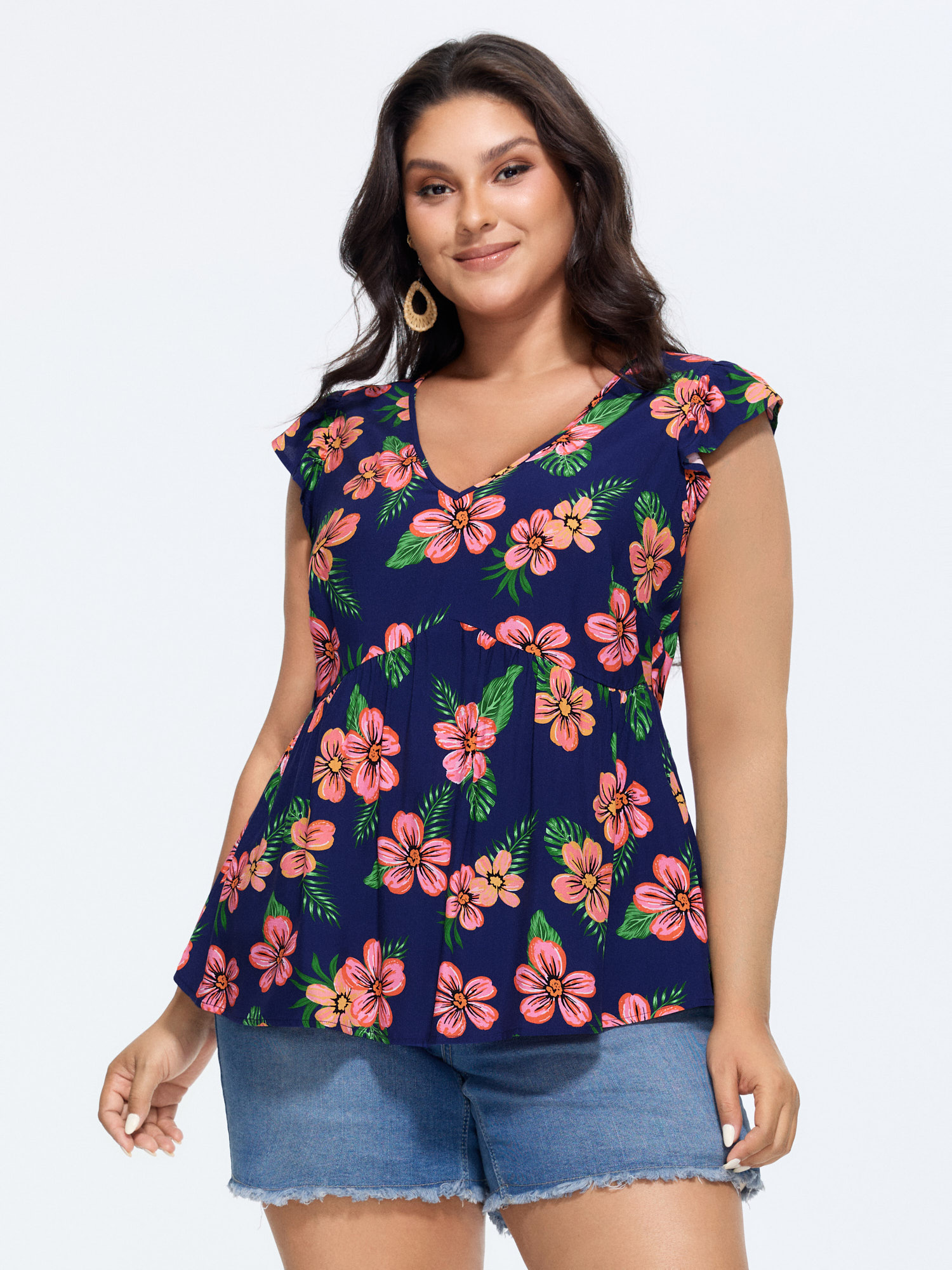 BloomChic Women's Plus Size Colorful Floral Print Ruffled Sleeve Blouse Mediumblue Tropical Vacation Cap Sleeve V-Neck 22-24/3X-image-48371109003434