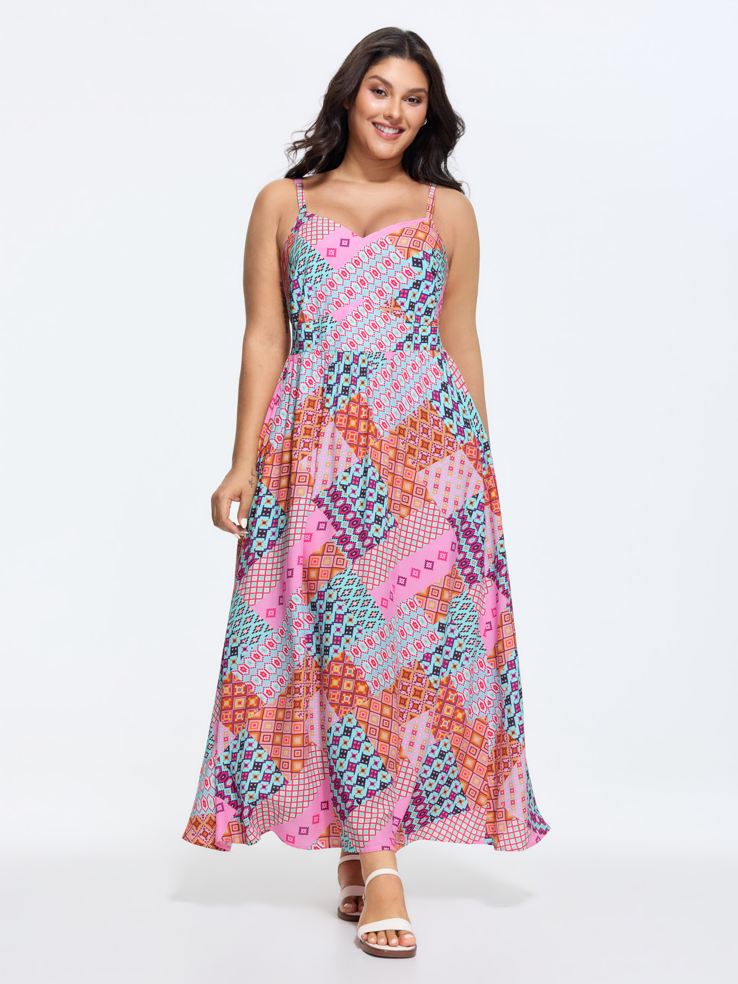 BloomChic Women's Plus Size Summer Collage Print Cami Shirred Maxi Dress Multicolor Color Block Tall Casual 12/L