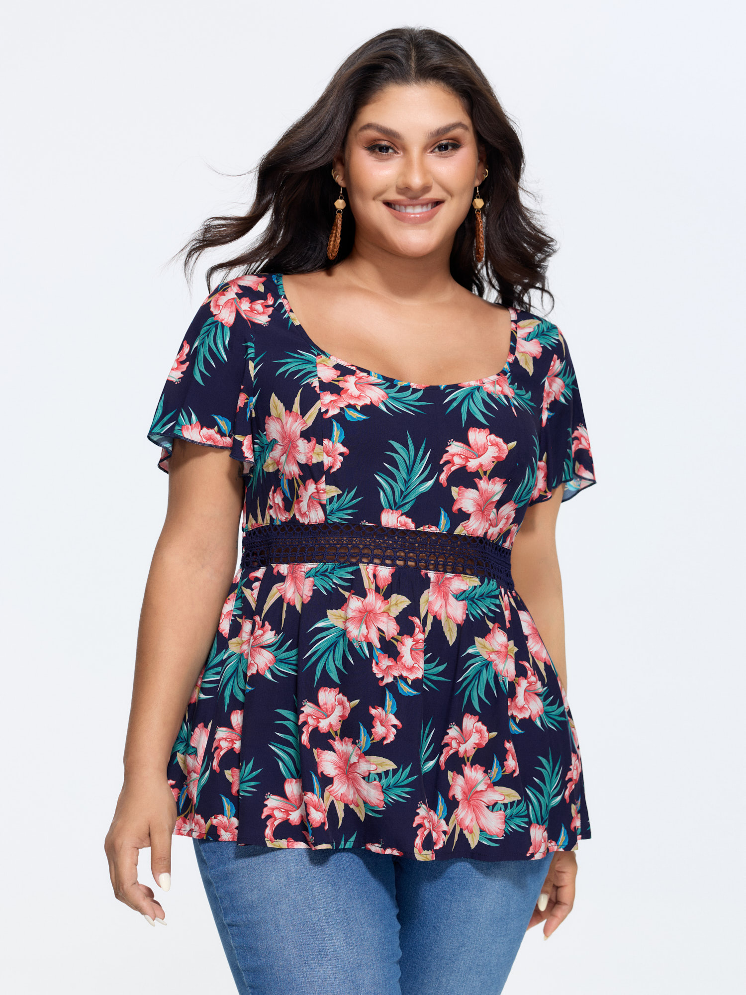 BloomChic Women's Plus Size Floral Print Waist Patchwork Blouse DarkBlue Tropical Vacation Short sleeve Square Neck 10/M