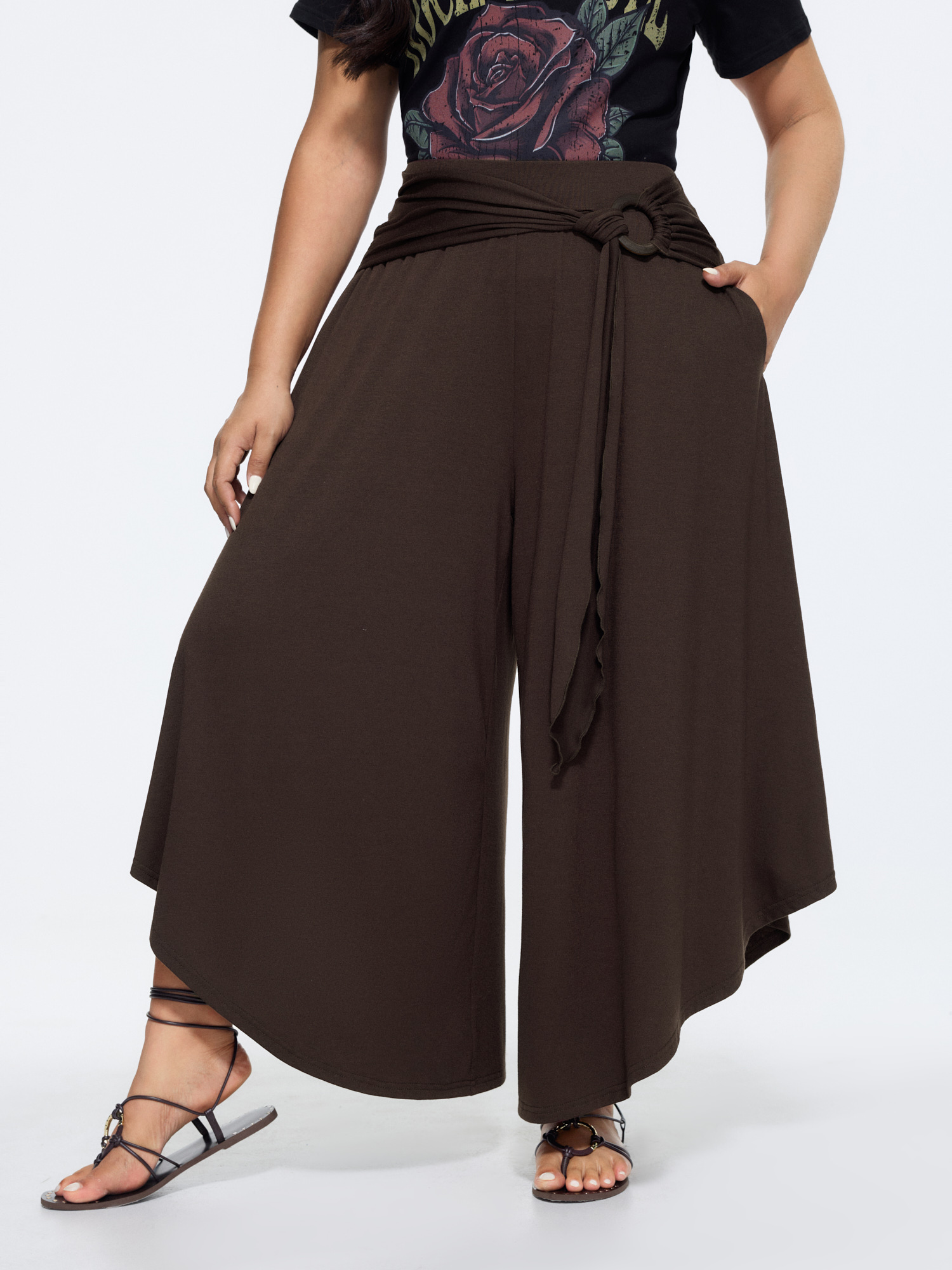BloomChic Women's Plus Size Waist-Tie Ruched Flowy-Fit Pants Browncoffeecolor Solid Wide leg High Rise Vacation 10/M-image-48371114541226