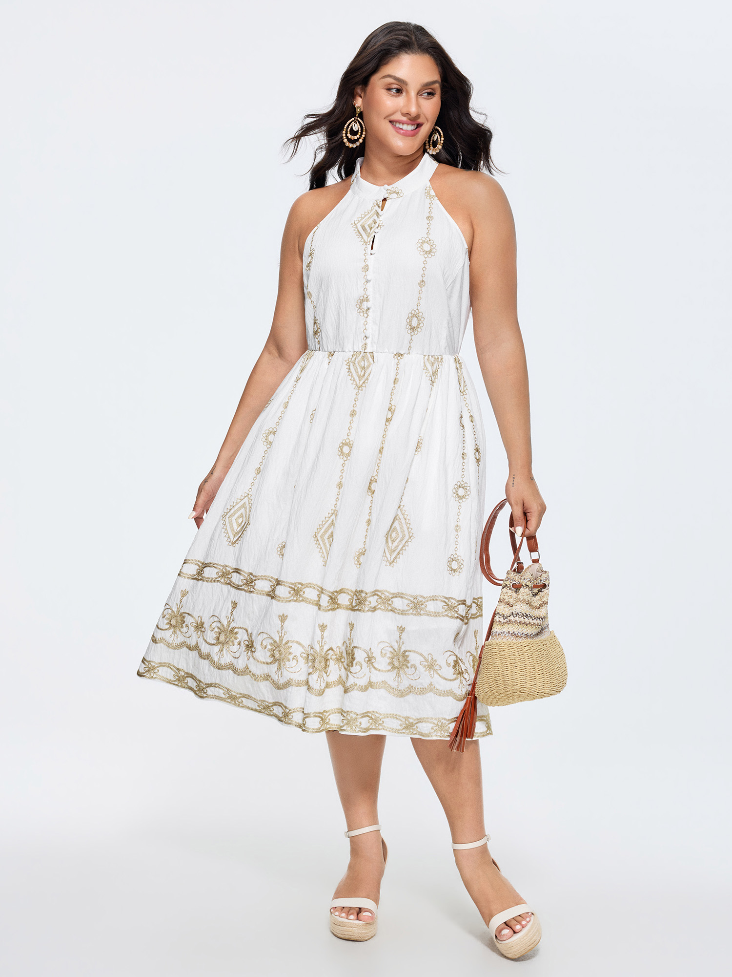 Bloomchic Geometric Embroidered Halter Neckline Midi Dress In Whitesmoke