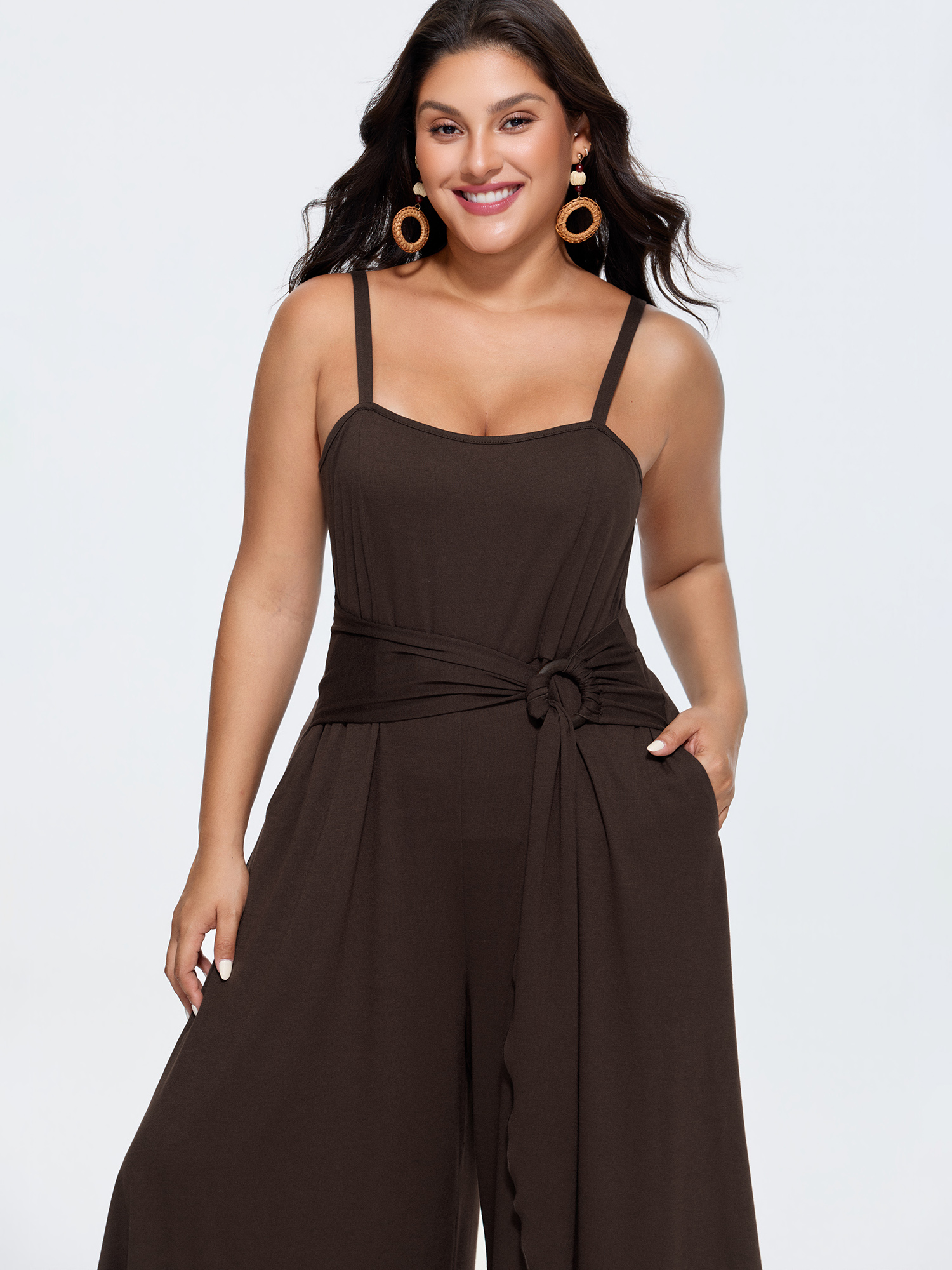 Side view of BloomChic Women's Plus Size Supersoft Waist-Tie Draped Jumpsuit Browncoffeecolor Vacation 30/6X