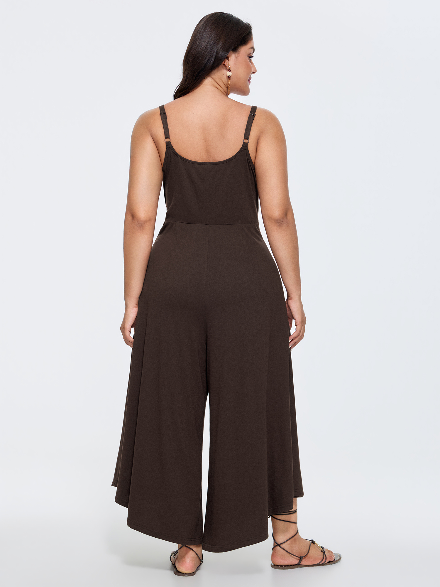 Side view of BloomChic Women's Plus Size Supersoft Waist-Tie Draped Jumpsuit Browncoffeecolor Vacation 30/6X