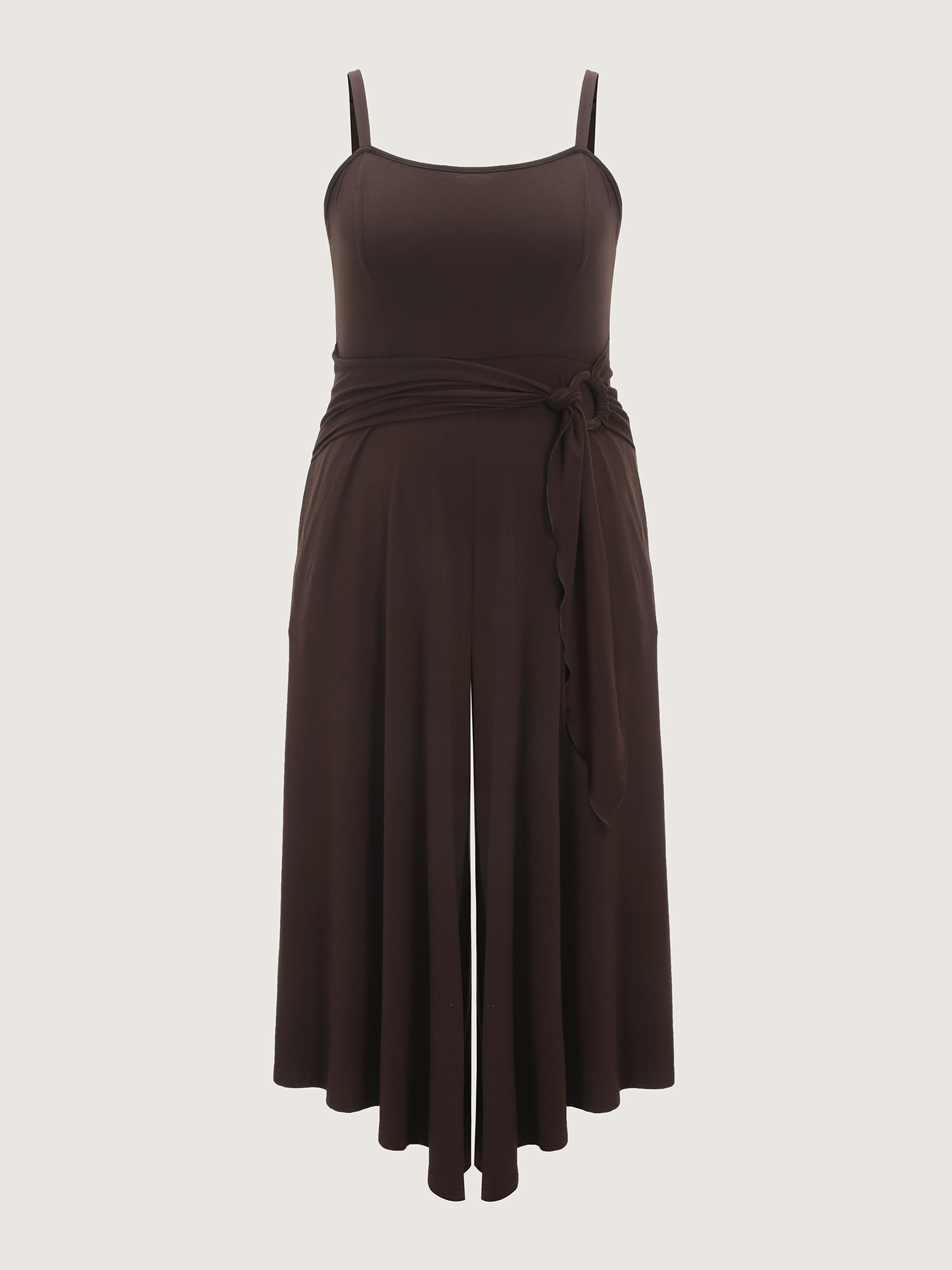 Side view of BloomChic Women's Plus Size Supersoft Waist-Tie Draped Jumpsuit Browncoffeecolor Vacation 30/6X