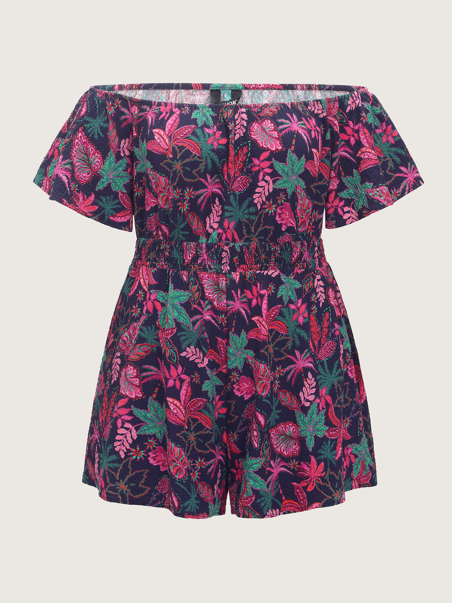 Side view of BloomChic Women's Plus Size Floral Print Ruffled Off-Shoulder Romper Multicolor Vacation 12/L