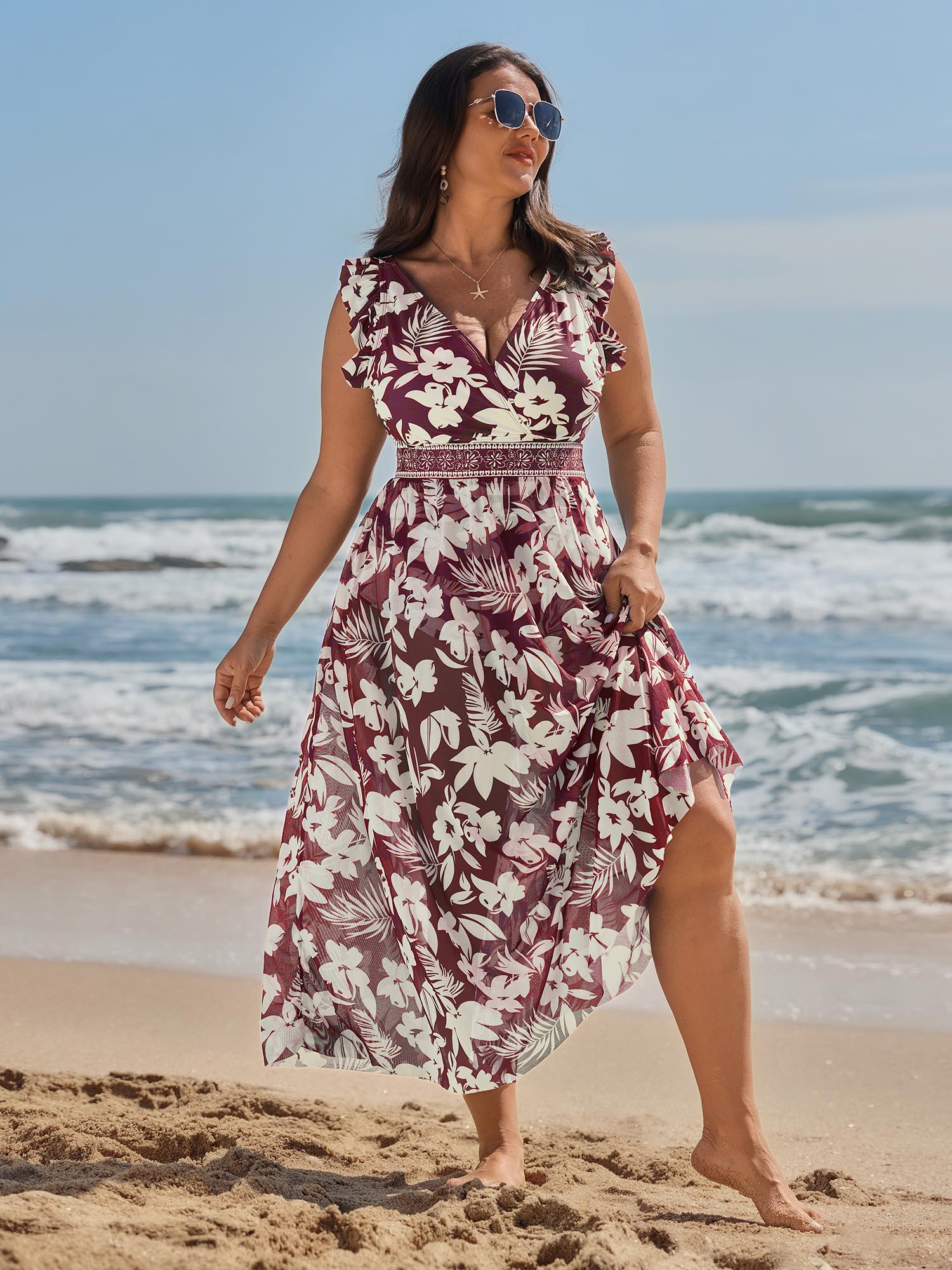 BloomChic Women's Plus Size Sarong Set Tropical Print One-Piece Swim Plum Tropical Ruffles Contoured Hip Fit 22-24/3X