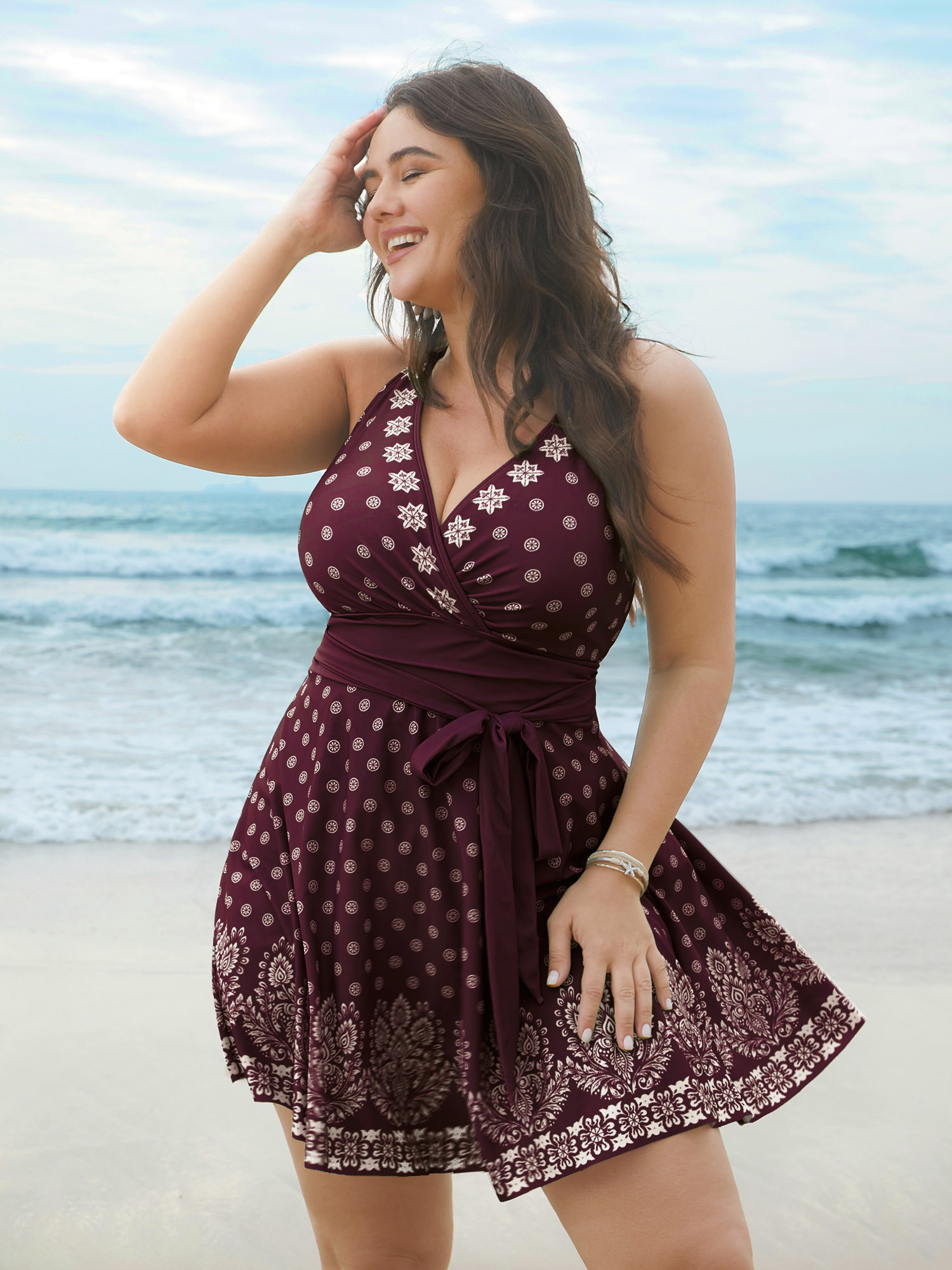 BloomChic Women's Plus Size Boho Print Waist-Tie Surplice Neck Swim Dress Plum Ethnic Floral Bowknot Contoured Hip Fit 18-20/2X