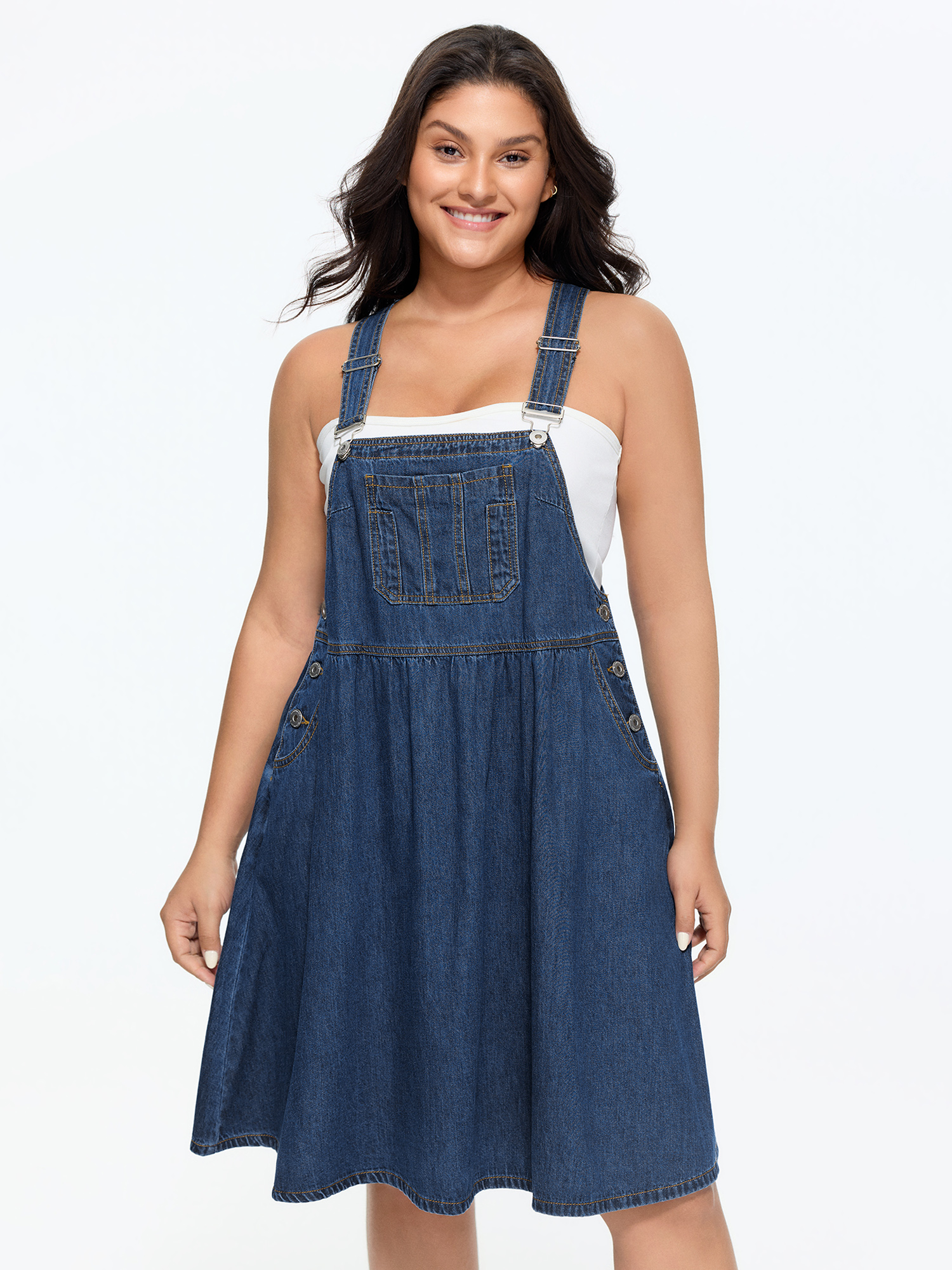 BloomChic Women's Plus Size Stretchy Overall Straps Pleated Mini Denim Dress Denimblue Knee Length Everyday-Casual A-line 26/4X