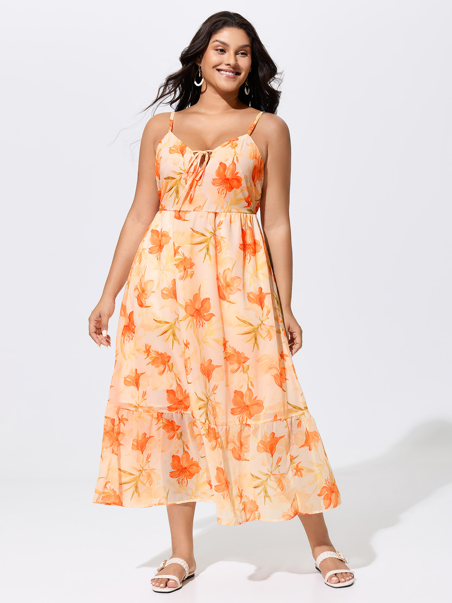BloomChic Women's Plus Size Floral Print Neck-Tie Flowy Maxi Dress Brightorange Floral Maxi Vacation Lace-Up 30/6X
