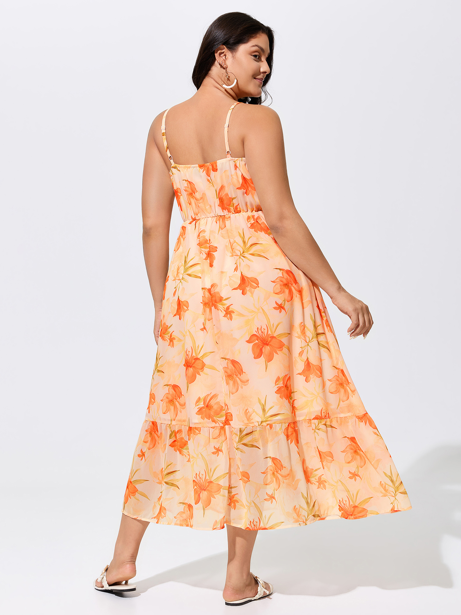 Side view of BloomChic Women's Plus Size Floral Print Neck-Tie Flowy Maxi Dress Brightorange Floral Maxi Vacation Lace-Up 30/6X