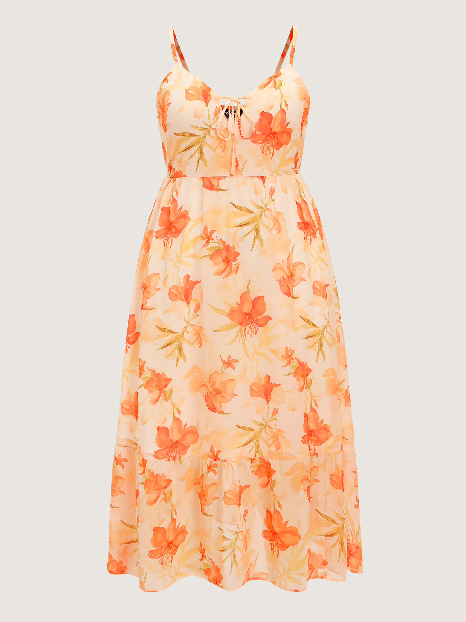 Side view of BloomChic Women's Plus Size Floral Print Neck-Tie Flowy Maxi Dress Brightorange Floral Maxi Vacation Lace-Up 30/6X