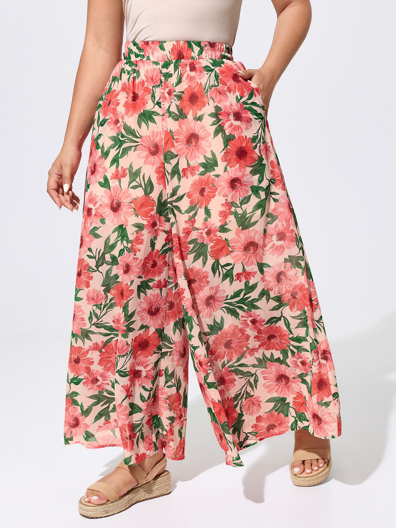 BloomChic Women's Plus Size Floral Print Color Contrast Pants Coral Floral Wide leg Mid Rise 10/M
