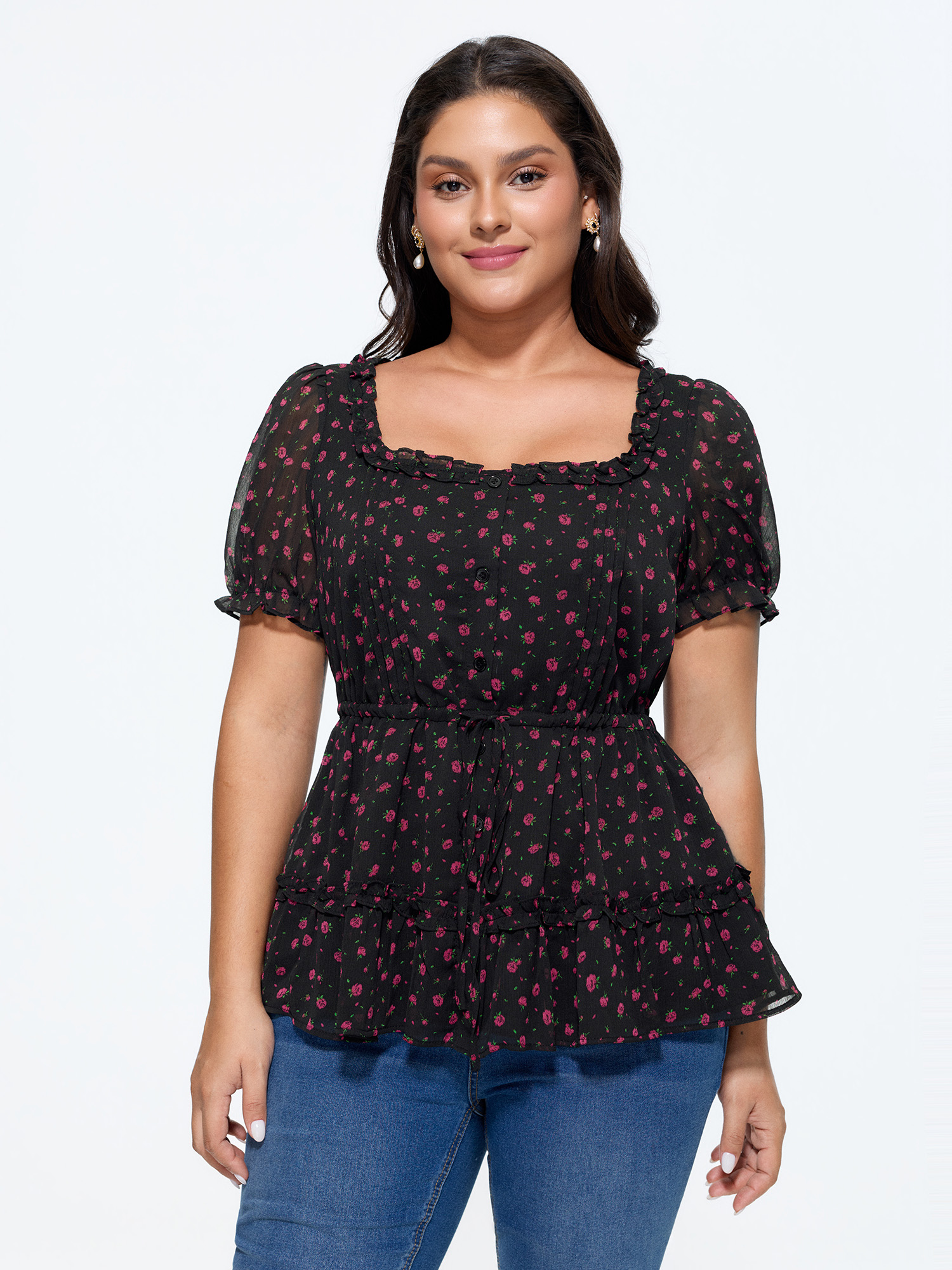 BloomChic Women's Plus Size Floral Print Toothpick Pleat Blouse Black Ditsy Floral Everyday-Elegant Short sleeve Square Neck 14-16/1X