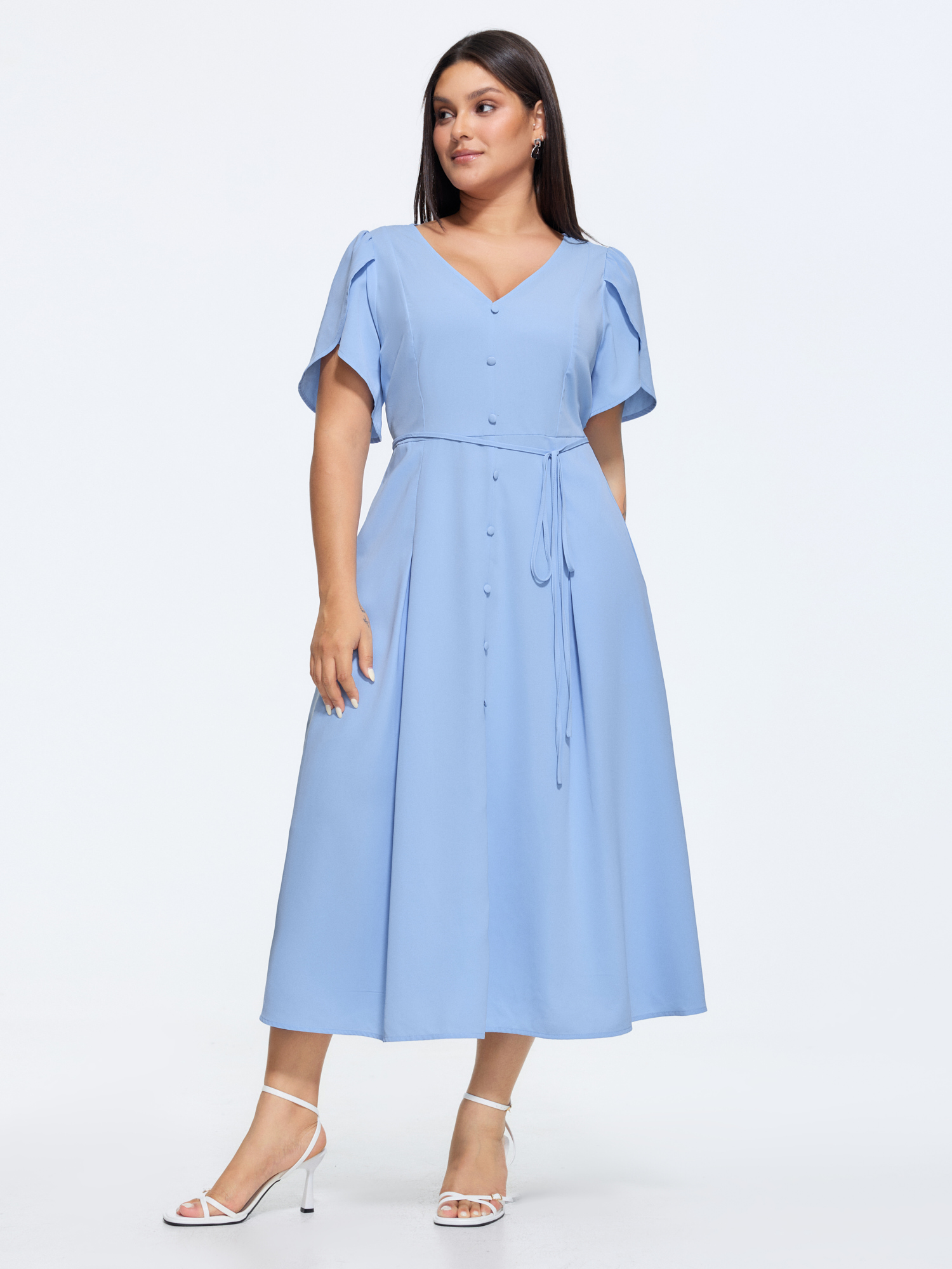 BloomChic Women's Plus Size Petal Sleeve Drawstring Waist Plain Maxi Dress LightBlue Solid Maxi Office Button Front 30/6X