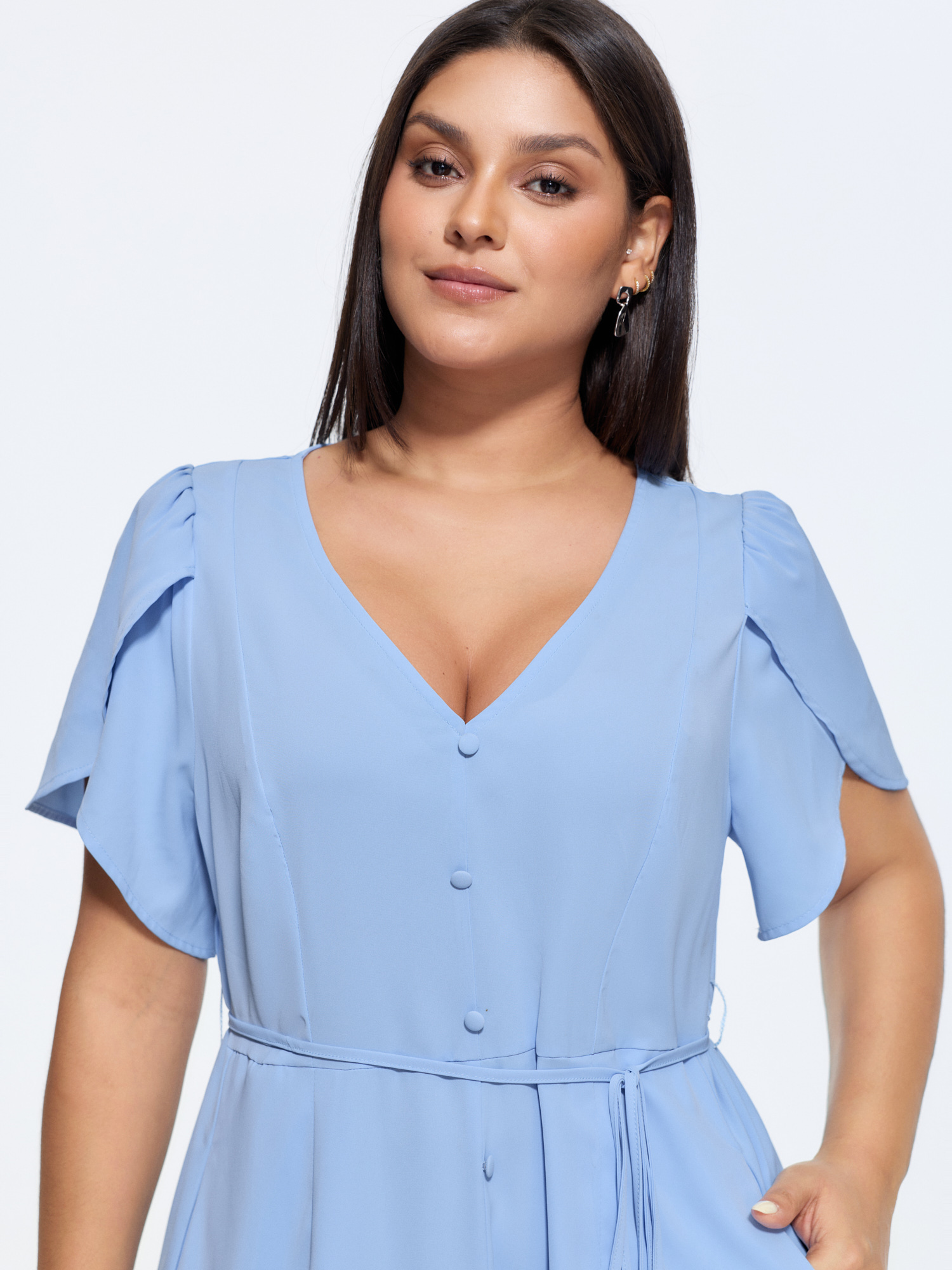 Side view of BloomChic Women's Plus Size Petal Sleeve Drawstring Waist Plain Maxi Dress LightBlue Solid Maxi Office Button Front 30/6X
