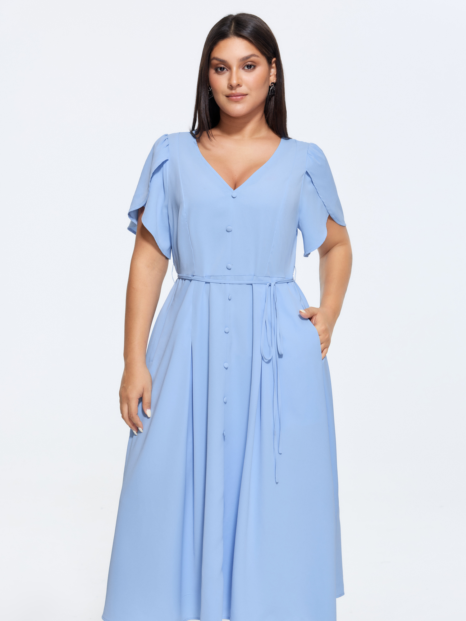 Side view of BloomChic Women's Plus Size Petal Sleeve Drawstring Waist Plain Maxi Dress LightBlue Solid Maxi Office Button Front 30/6X