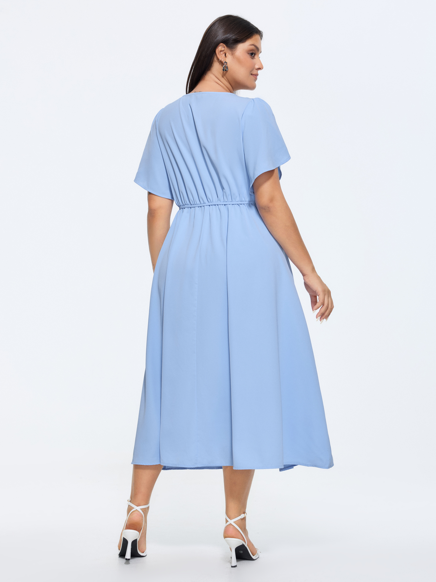 Side view of BloomChic Women's Plus Size Petal Sleeve Drawstring Waist Plain Maxi Dress LightBlue Solid Maxi Office Button Front 30/6X