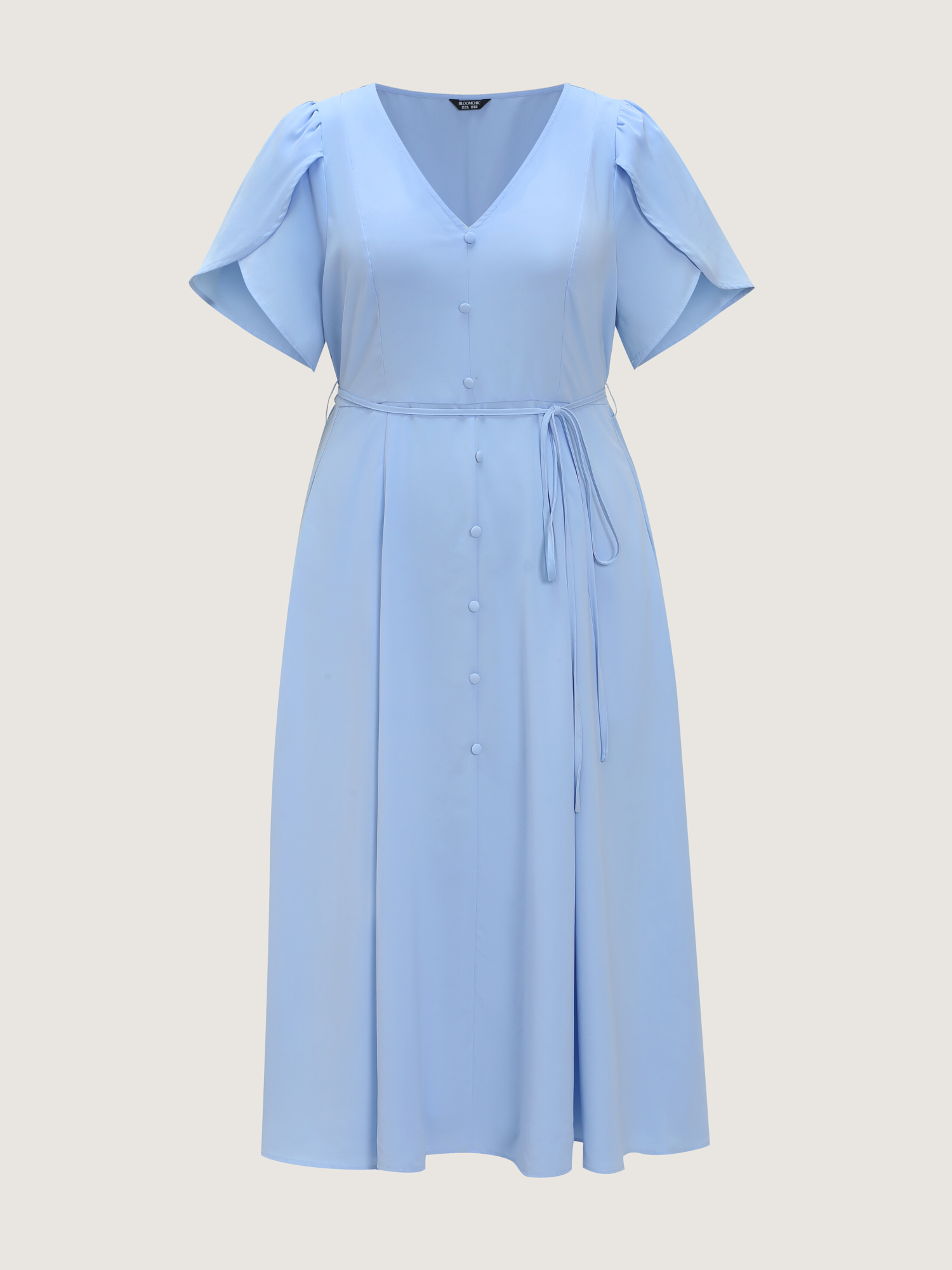 Side view of BloomChic Women's Plus Size Petal Sleeve Drawstring Waist Plain Maxi Dress LightBlue Solid Maxi Office Button Front 30/6X