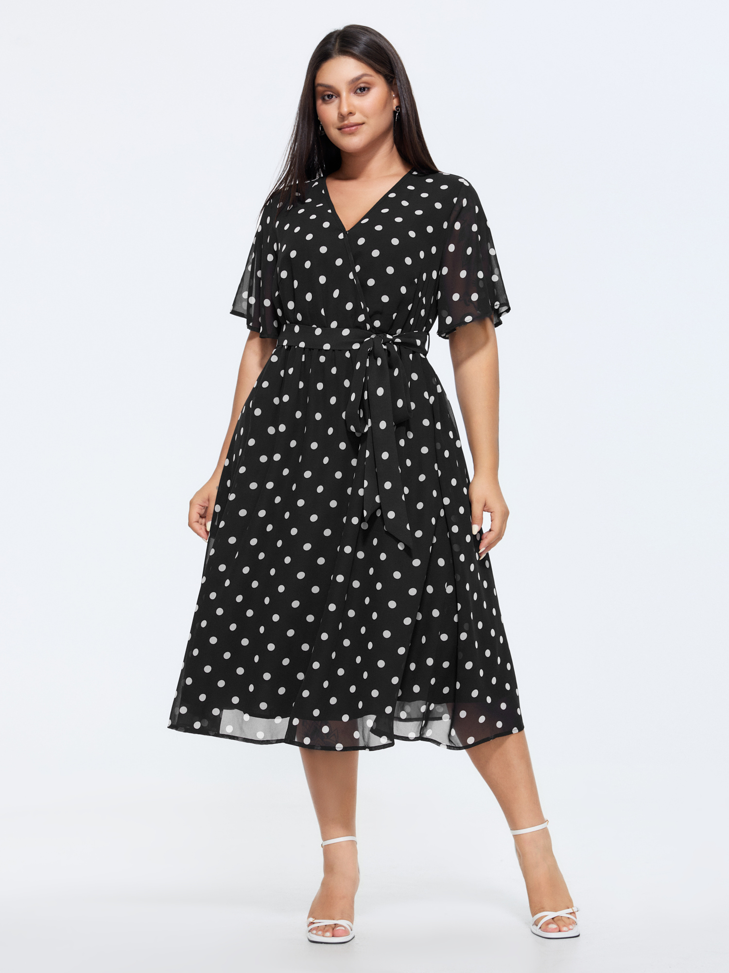 BloomChic Women's Plus Size Polka Dots Print Pockets Midi Dress BlackFlower Polka dots Midi Office Wrap / Overlap 10/M