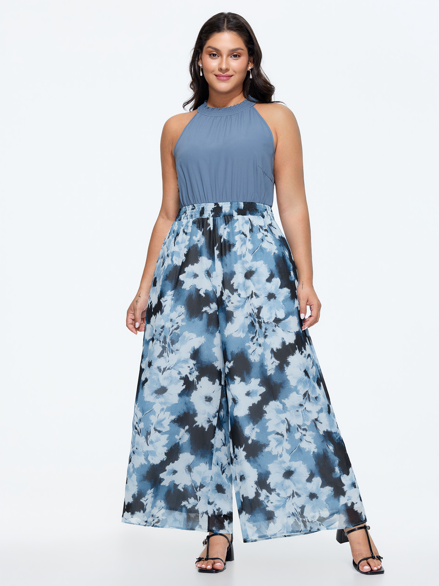 BloomChic Women's Plus Size Floral Print Color Contrast Jumpsuit DarkBlue Elegant Relaxed Fit 30/6X-image-48357785338026