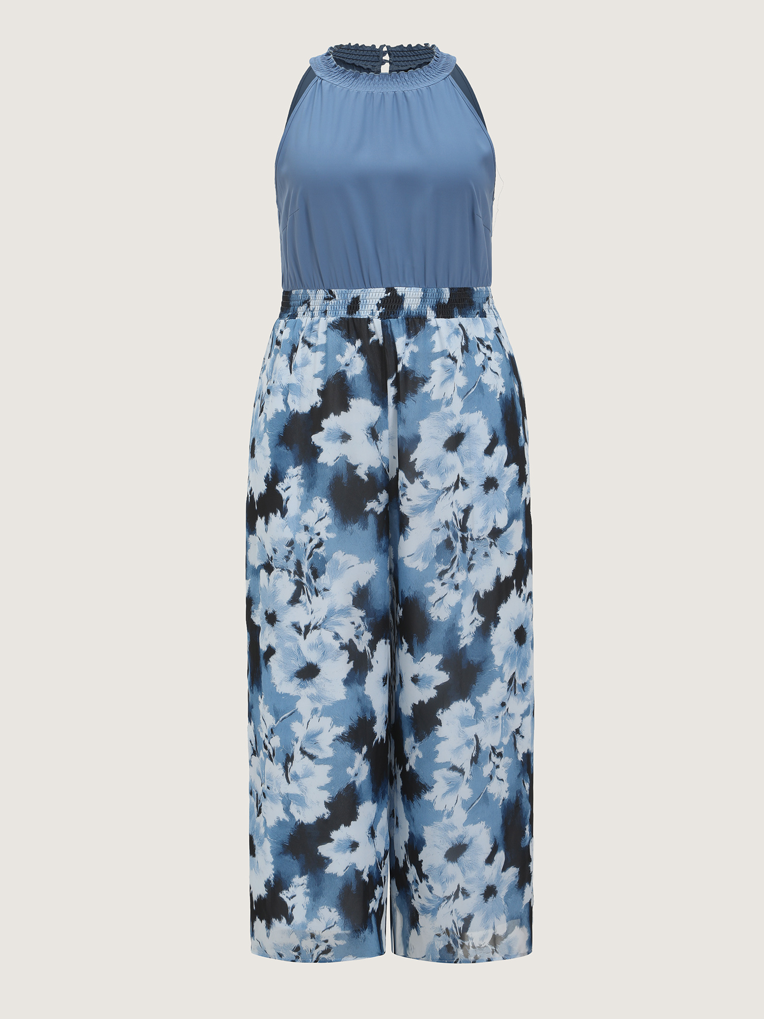 Side view of BloomChic Women's Plus Size Floral Print Color Contrast Jumpsuit DarkBlue Elegant Relaxed Fit 30/6X