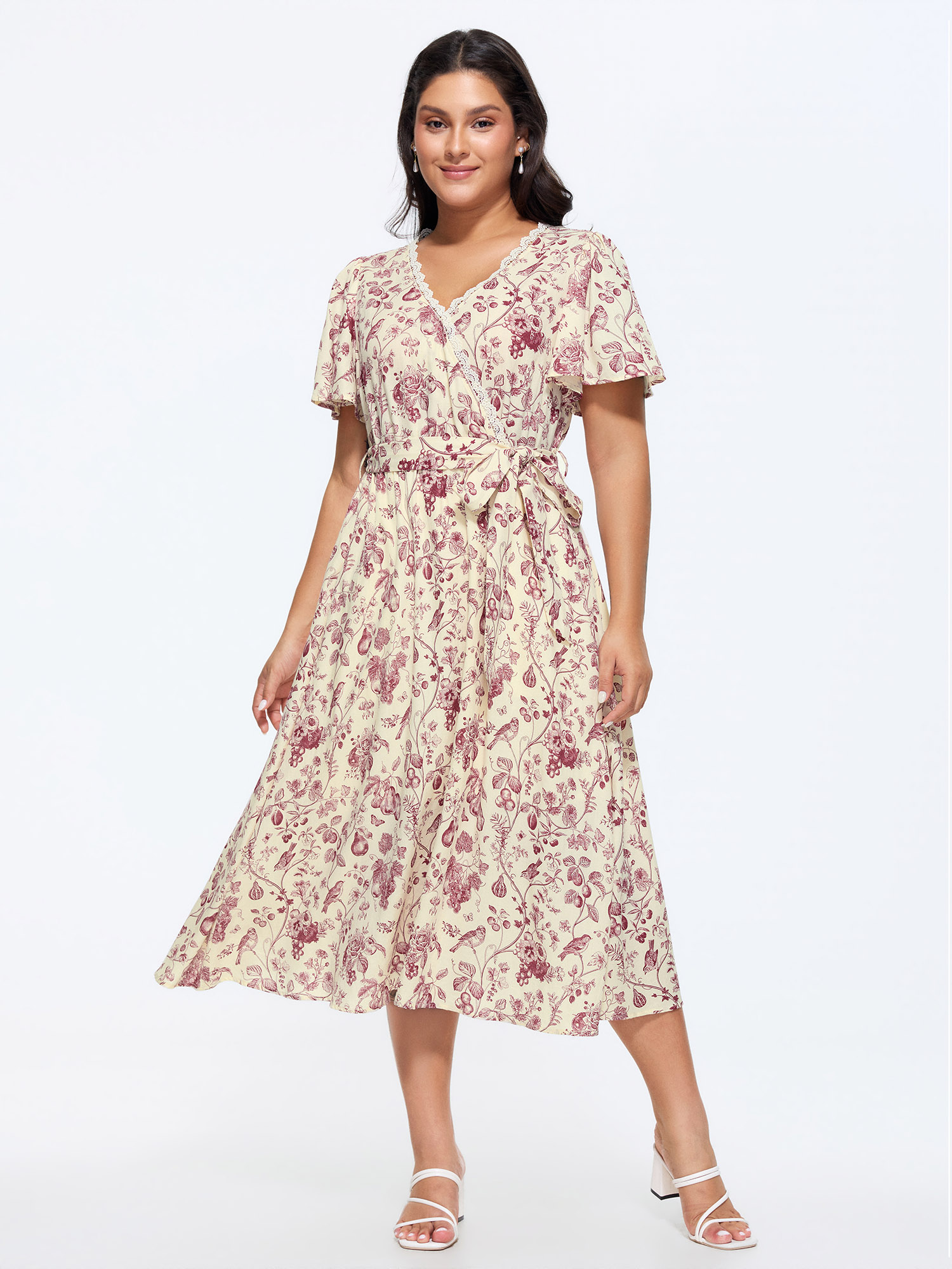 BloomChic Women's Plus Size Garden Print Lace Neckline Midi Dress Burgundy Floral Maxi Elegant Patchwork 12/L