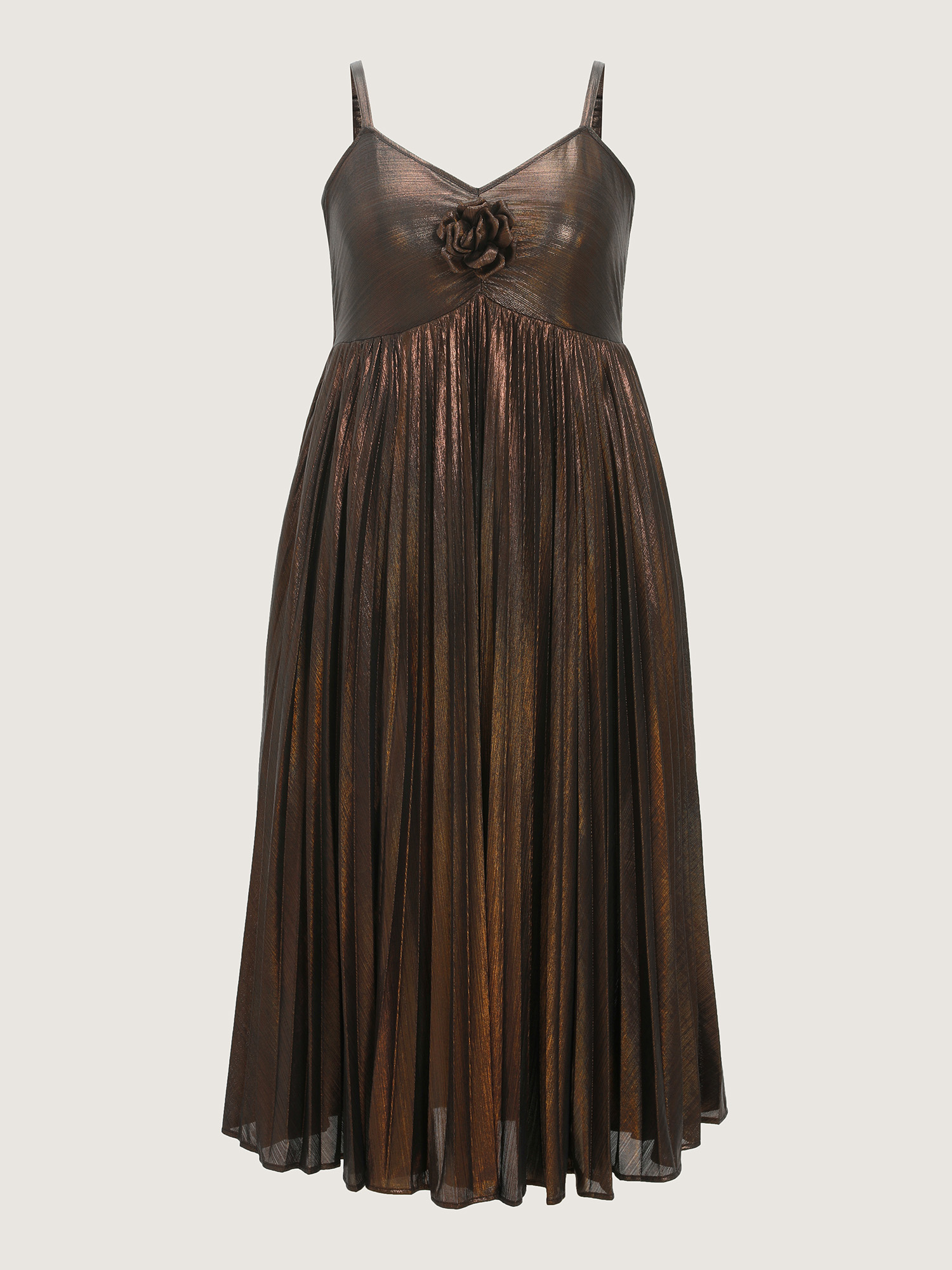 Side view of BloomChic Women's Plus Size Shimmery Pleated Cami 3D Flower Midi Dress Browncoffeecolor Vacation Maxi Sweetheart Neck 12/L