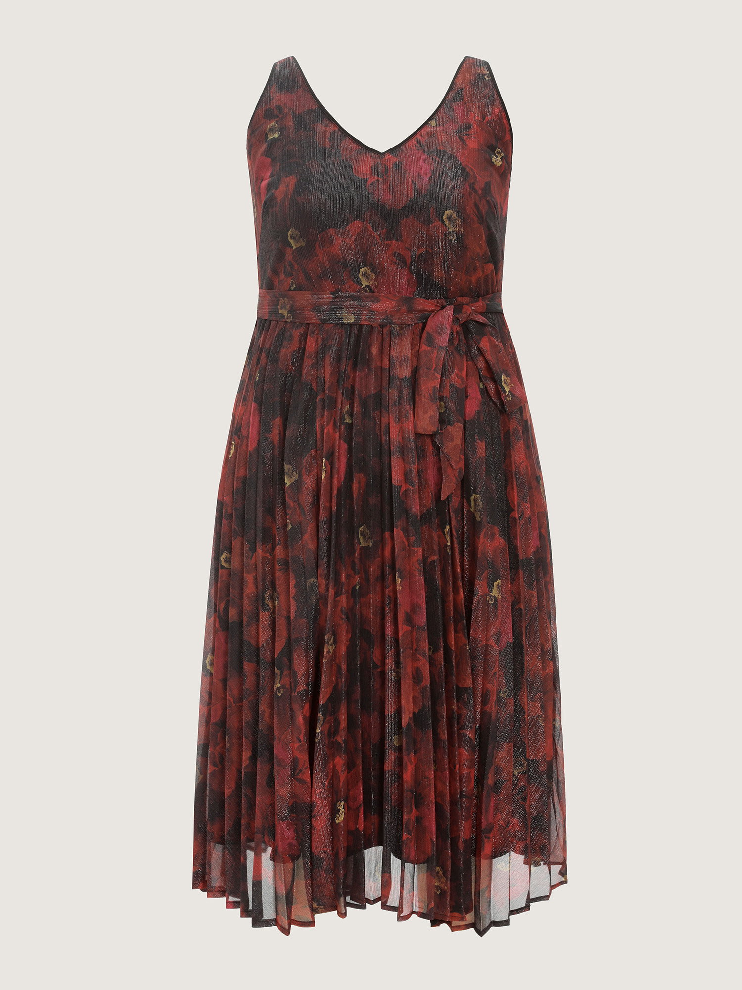 Side view of BloomChic Women's Plus Size Floral Print Pleated Waist-Tie Midi Dress Burgundy Party Midi V-Neck 18-20/2X