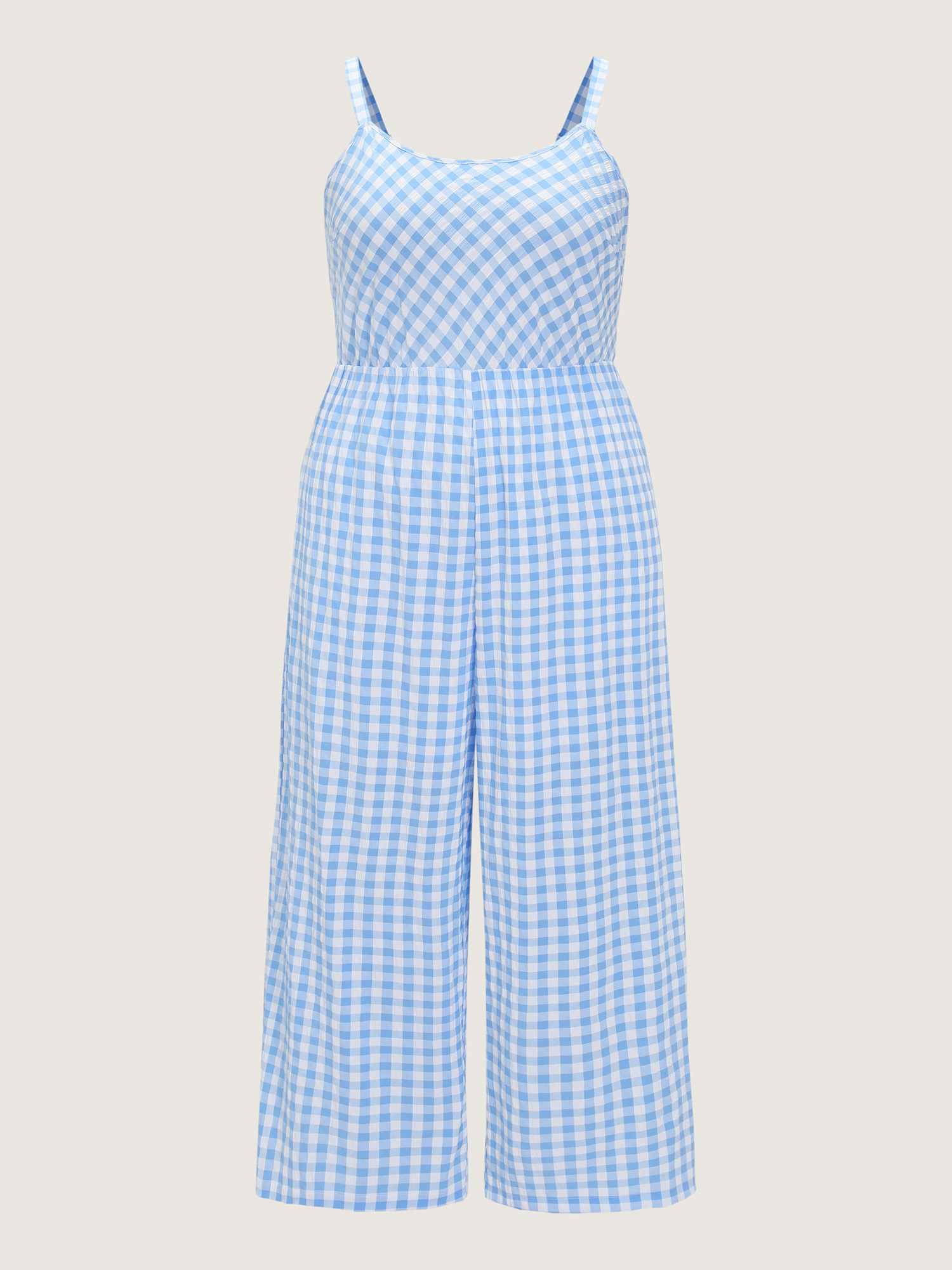 Side view of BloomChic Women's Plus Size Checkered Print Back Bow-Tie Jumpsuit LightBlue Casual 18-20/2X