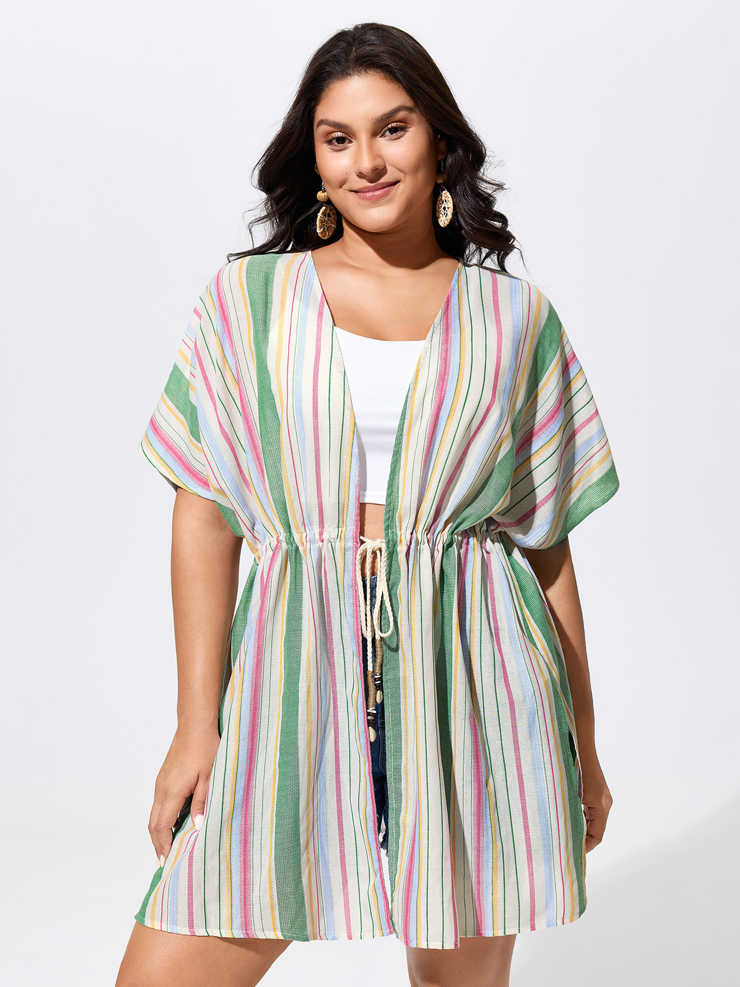 BloomChic Women's Plus Size Ribbed Front-Tie Breezy Swim Cover-Up Ivory 30/6X