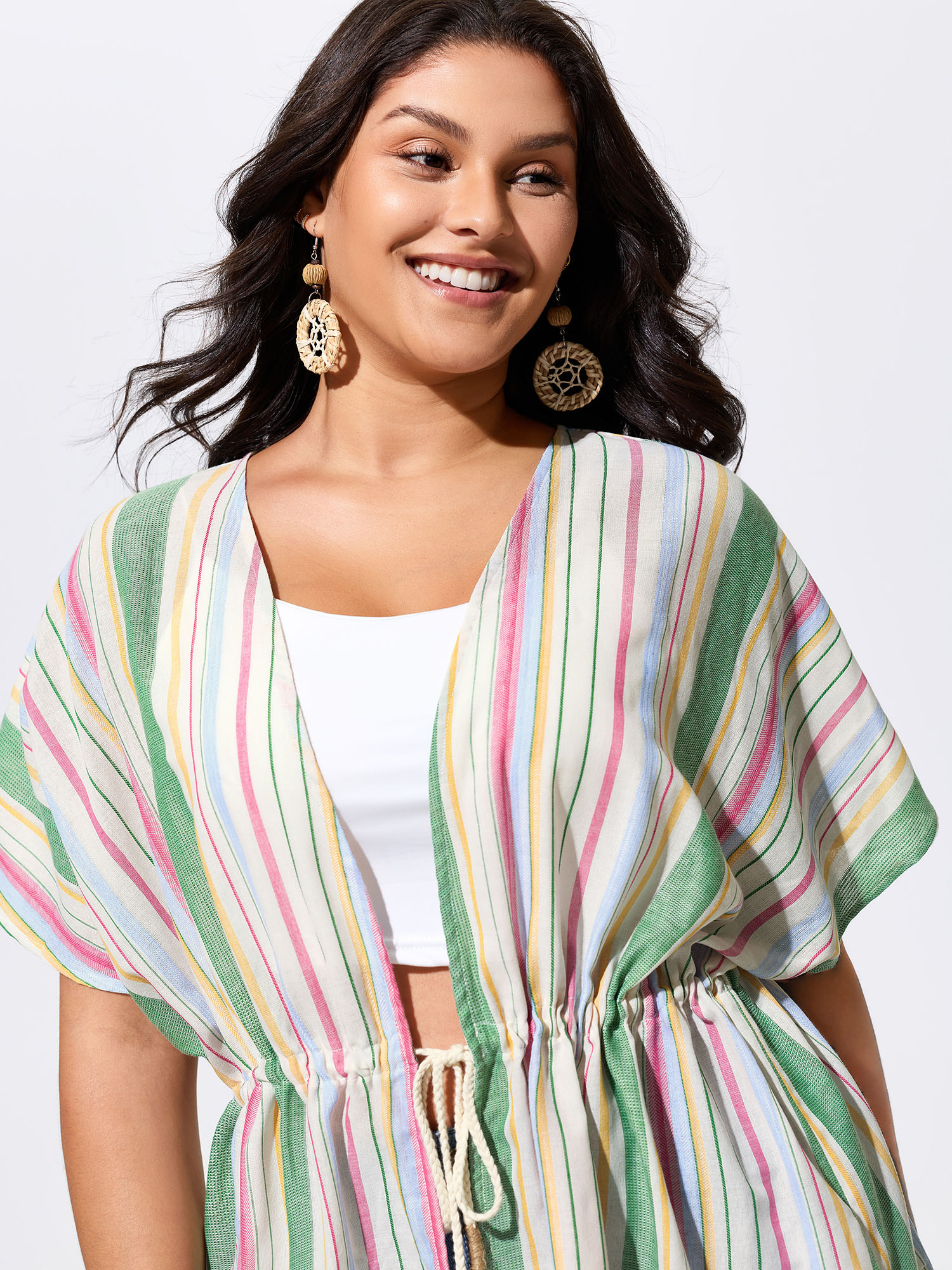 Side view of BloomChic Women's Plus Size Ribbed Front-Tie Breezy Swim Cover-Up Ivory 30/6X