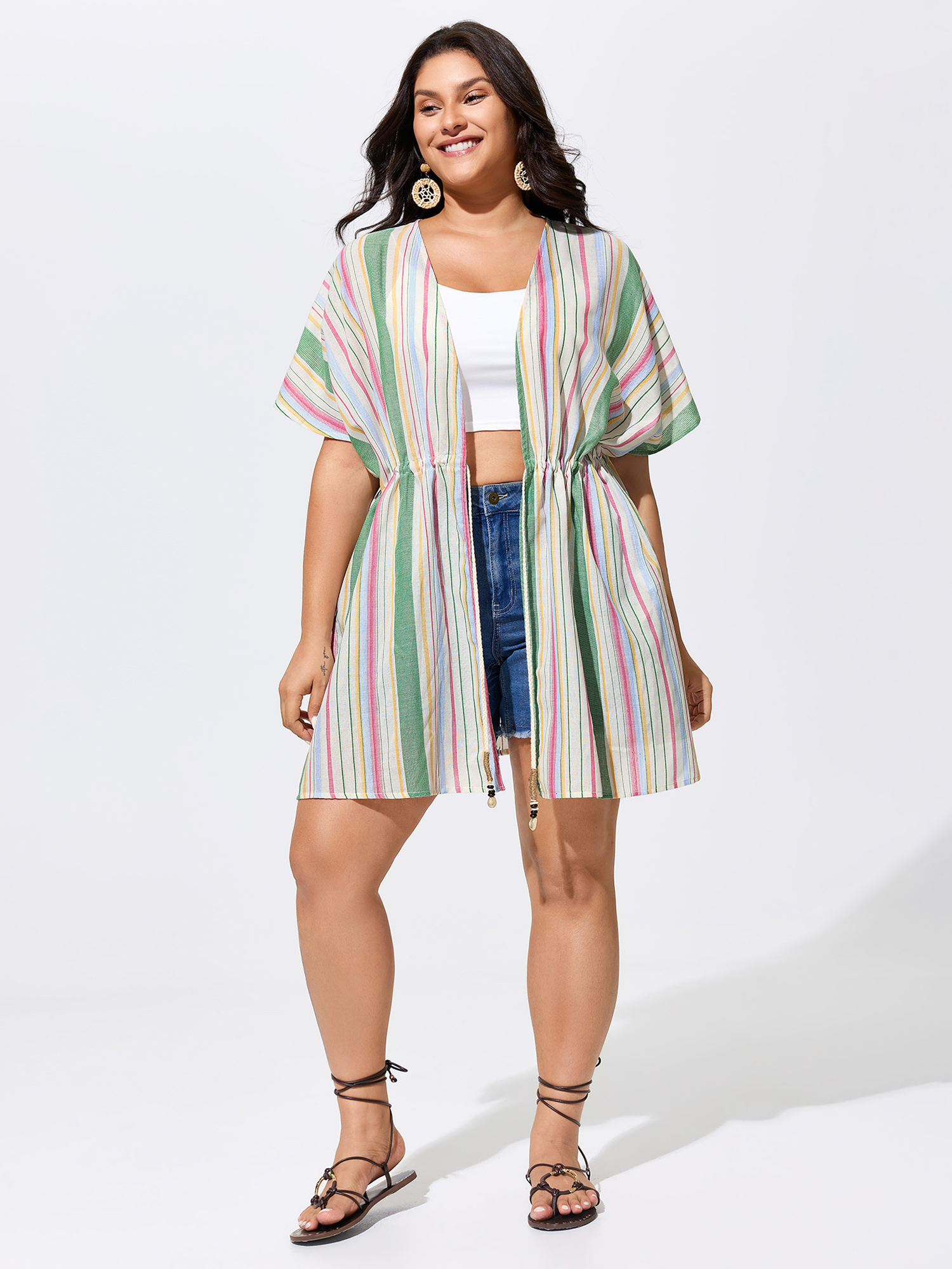 Side view of BloomChic Women's Plus Size Ribbed Front-Tie Breezy Swim Cover-Up Ivory 30/6X