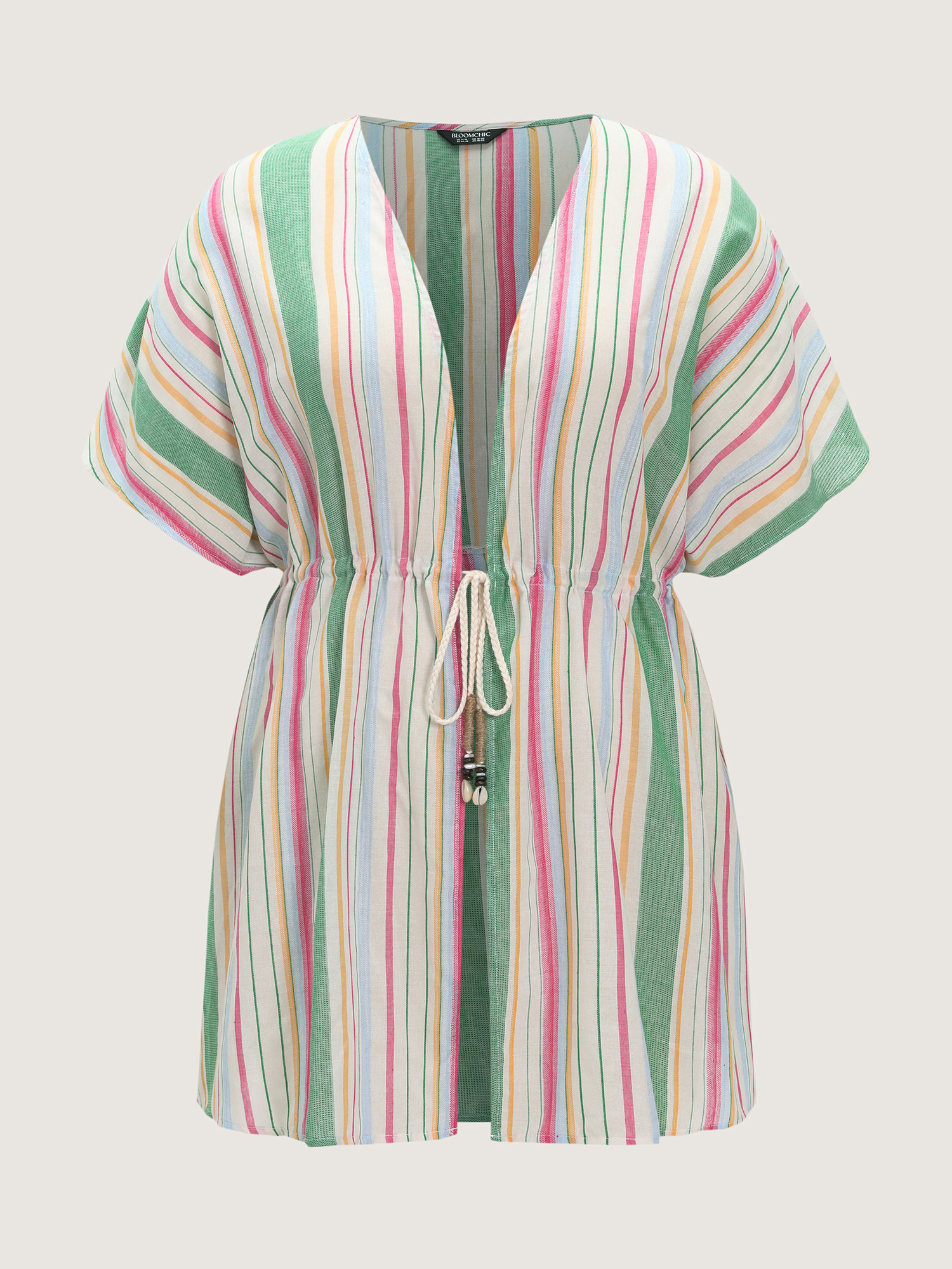 Side view of BloomChic Women's Plus Size Ribbed Front-Tie Breezy Swim Cover-Up Ivory 30/6X