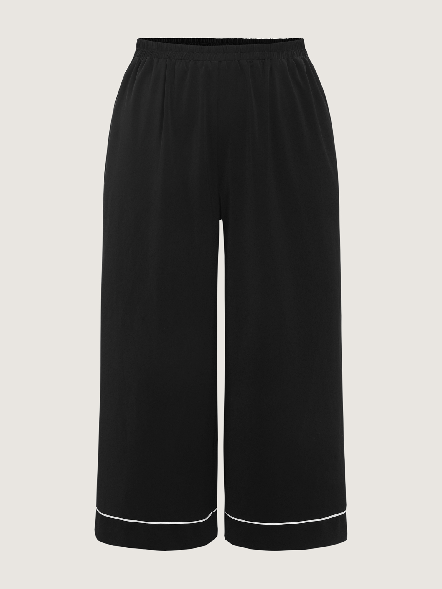 Side view of BloomChic Women's Plus Size Color Contrast Hem Straight-Leg Lounge Pants Black 14-16/1X