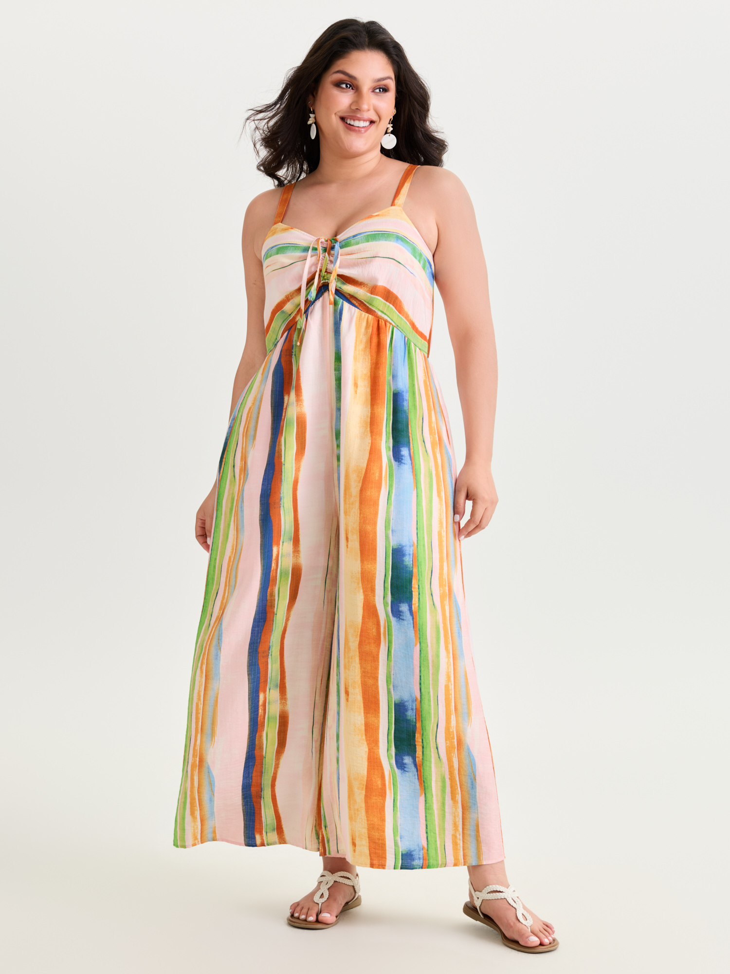 BloomChic Women's Plus Size Colorful Striped Print Ruched Jumpsuit Multicolor Vacation 18-20/2X-image-48357790089386
