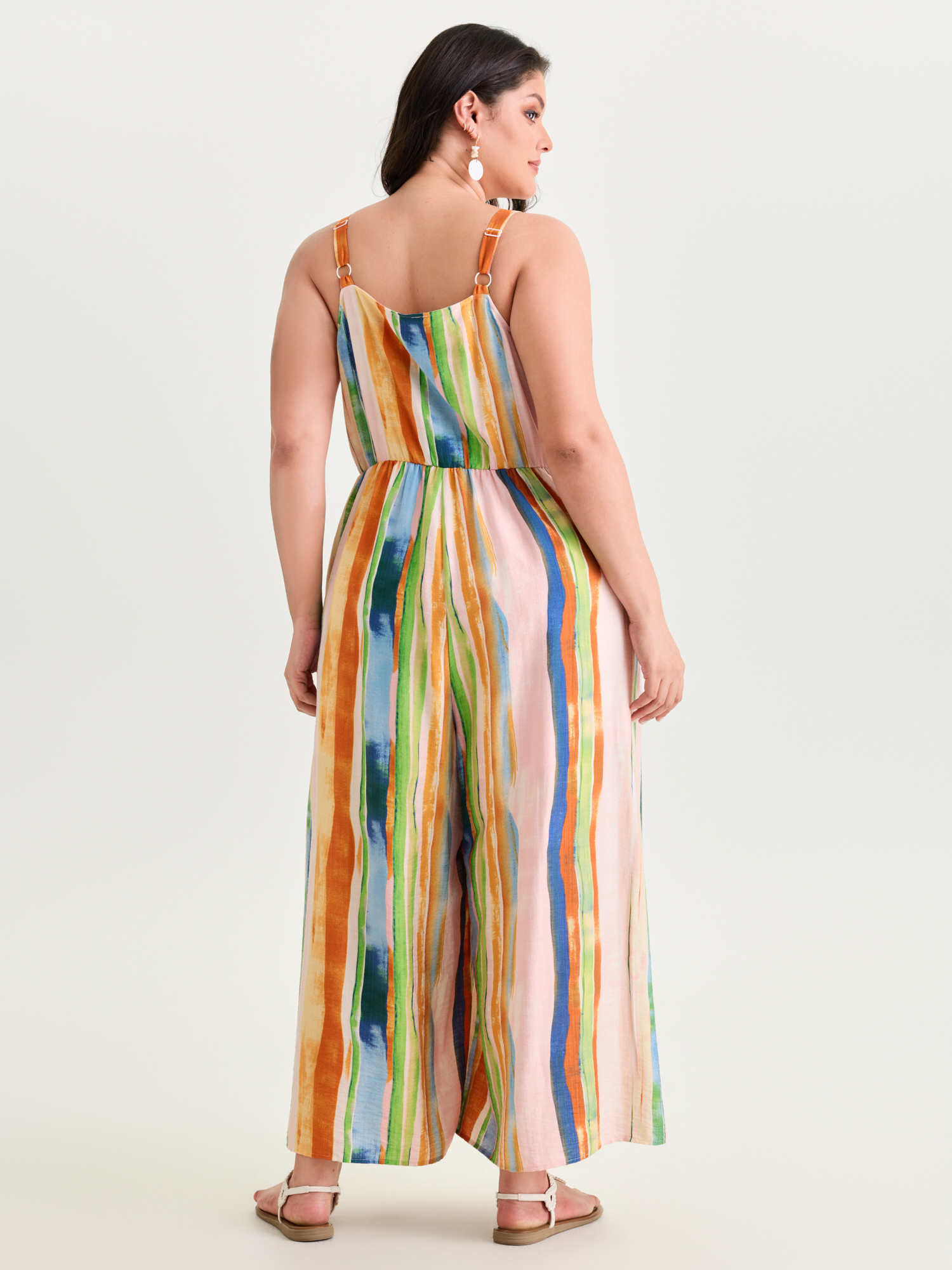 Side view of BloomChic Women's Plus Size Colorful Striped Print Ruched Jumpsuit Multicolor Vacation 18-20/2X