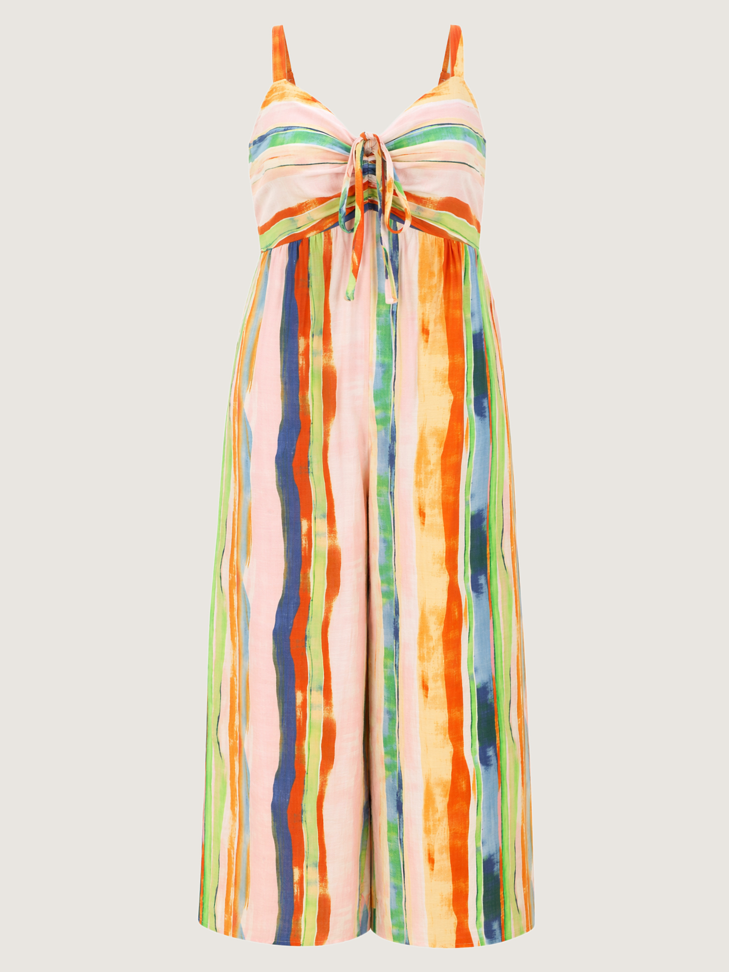Side view of BloomChic Women's Plus Size Colorful Striped Print Ruched Jumpsuit Multicolor Vacation 18-20/2X