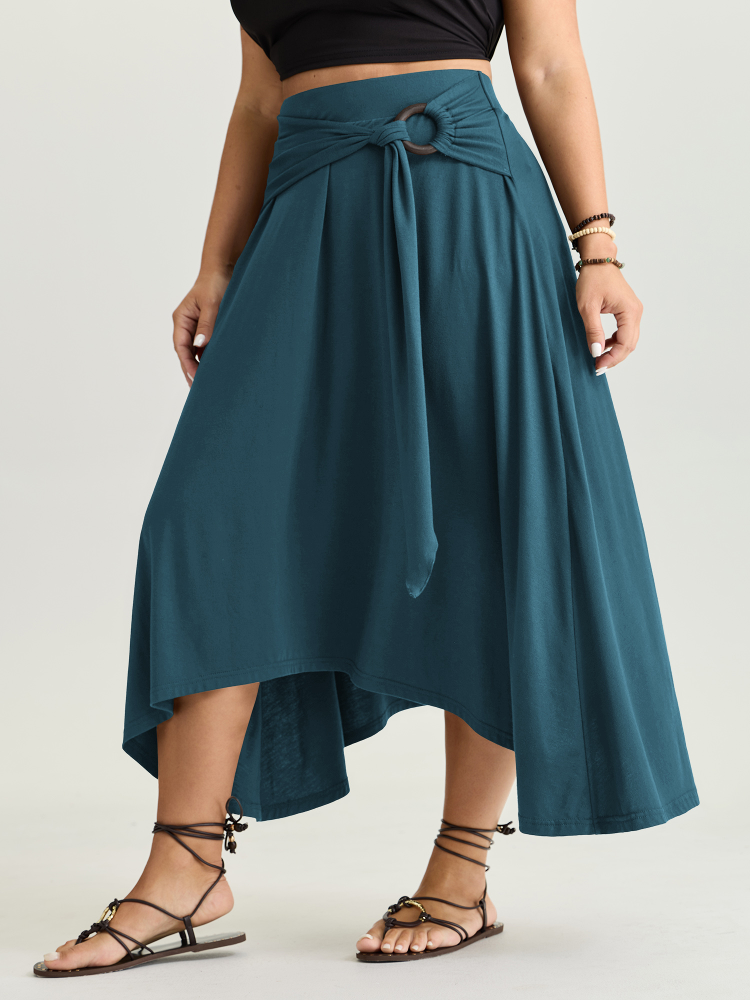 BloomChic Women's Plus Size Supersoft Ring Detail Tie Asymmetrical Hem Midi Skirt Aegean Non Flared Vacation 22-24/3X