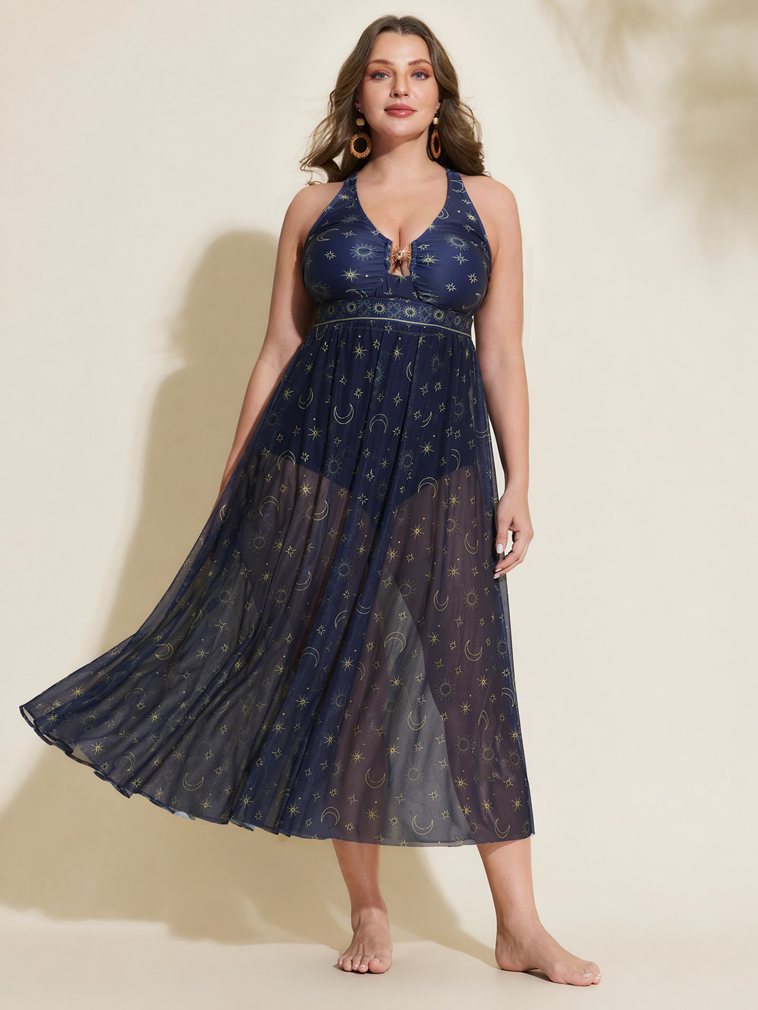BloomChic Women's Plus Size Sarong Set Floral Print One-Piece Swim Indigo Star & Moon Cut-Out Tummy Control 28/5X-image-48828343386282
