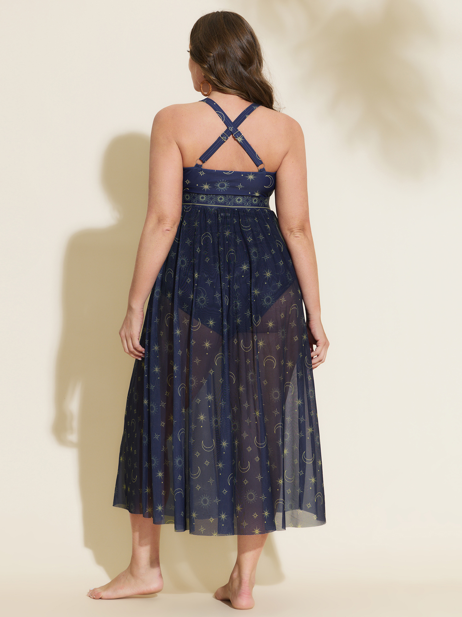 Side view of BloomChic Women's Plus Size Sarong Set Floral Print One-Piece Swim Indigo Star & Moon Cut-Out Tummy Control 30/6X