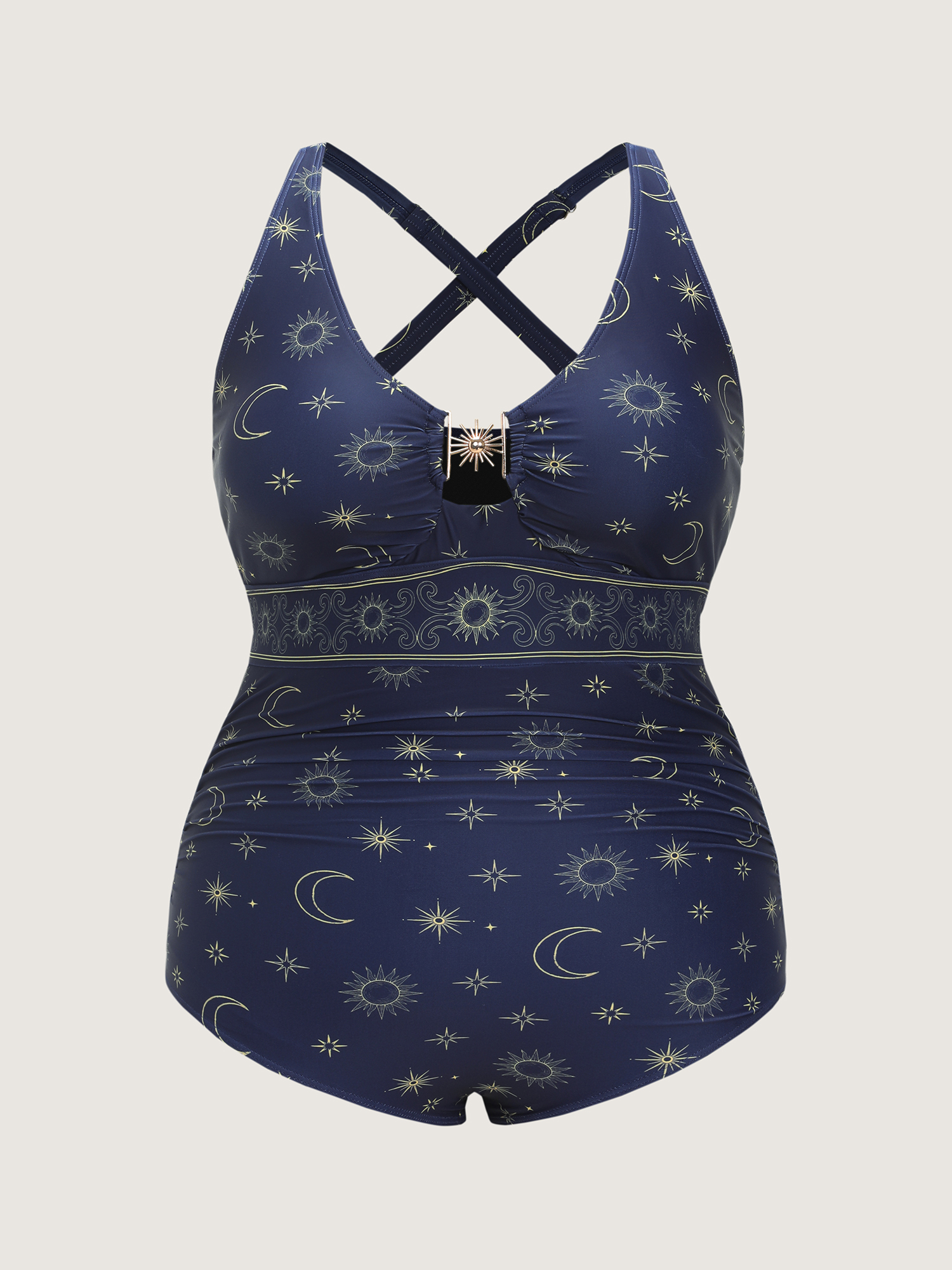 Side view of BloomChic Women's Plus Size Sarong Set Floral Print One-Piece Swim Indigo Star & Moon Cut-Out Tummy Control 30/6X