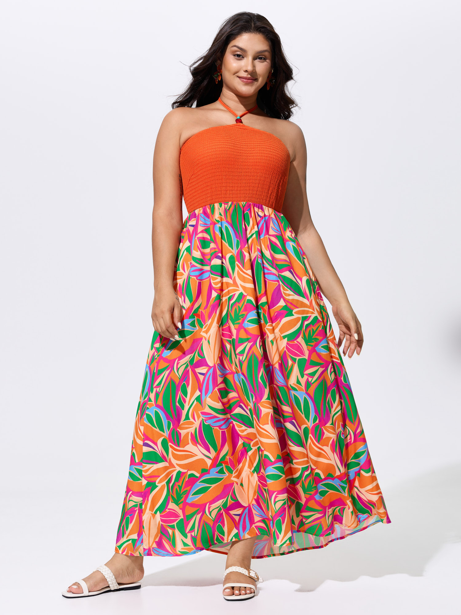 Bloomchic Tropical Floral Print Halter Neck Shirred Midi Dress In Orange