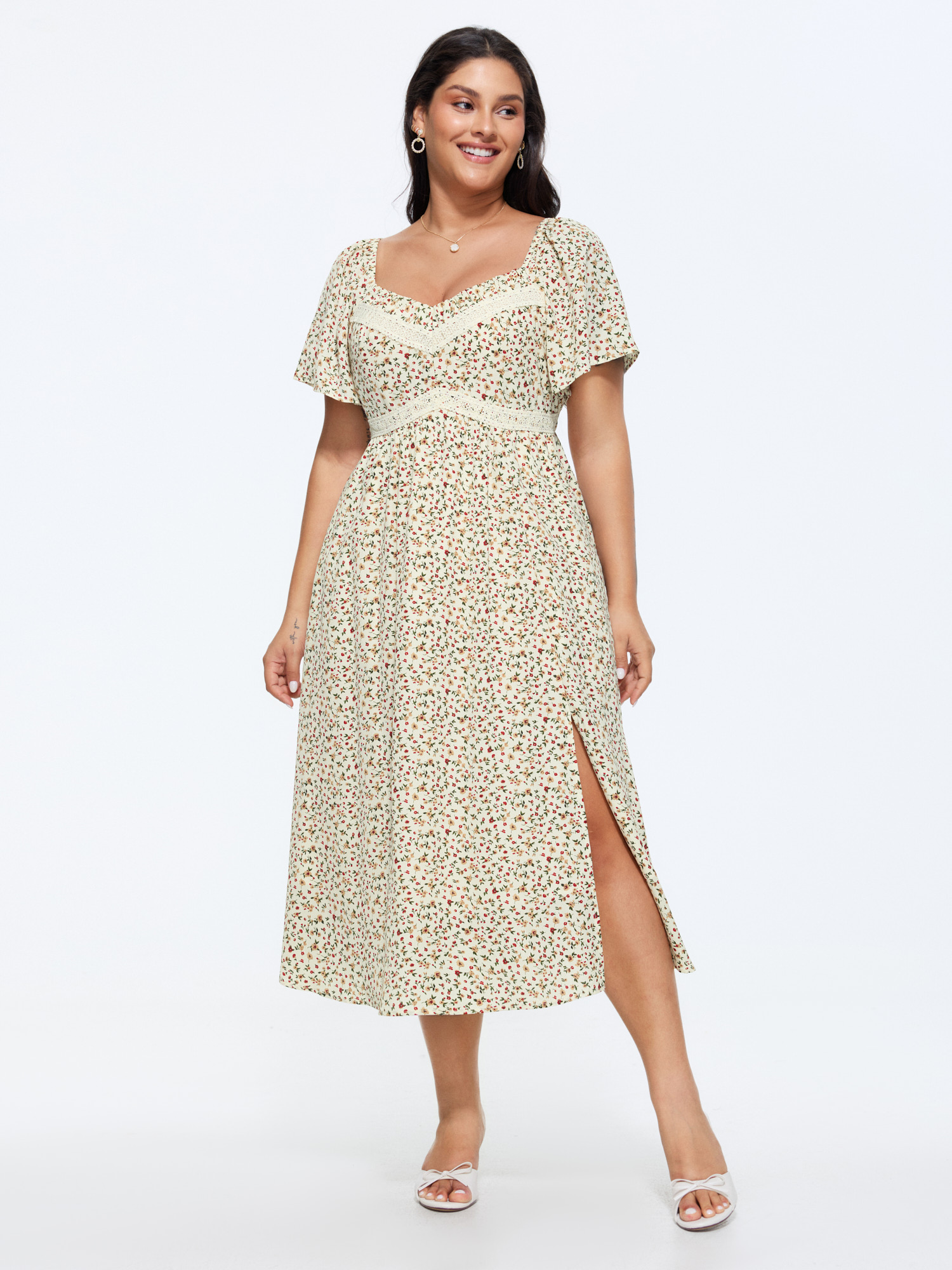 Bloomchic Ditsy Floral Print Sweetheart Lace Neckline Midi Dress In Brown