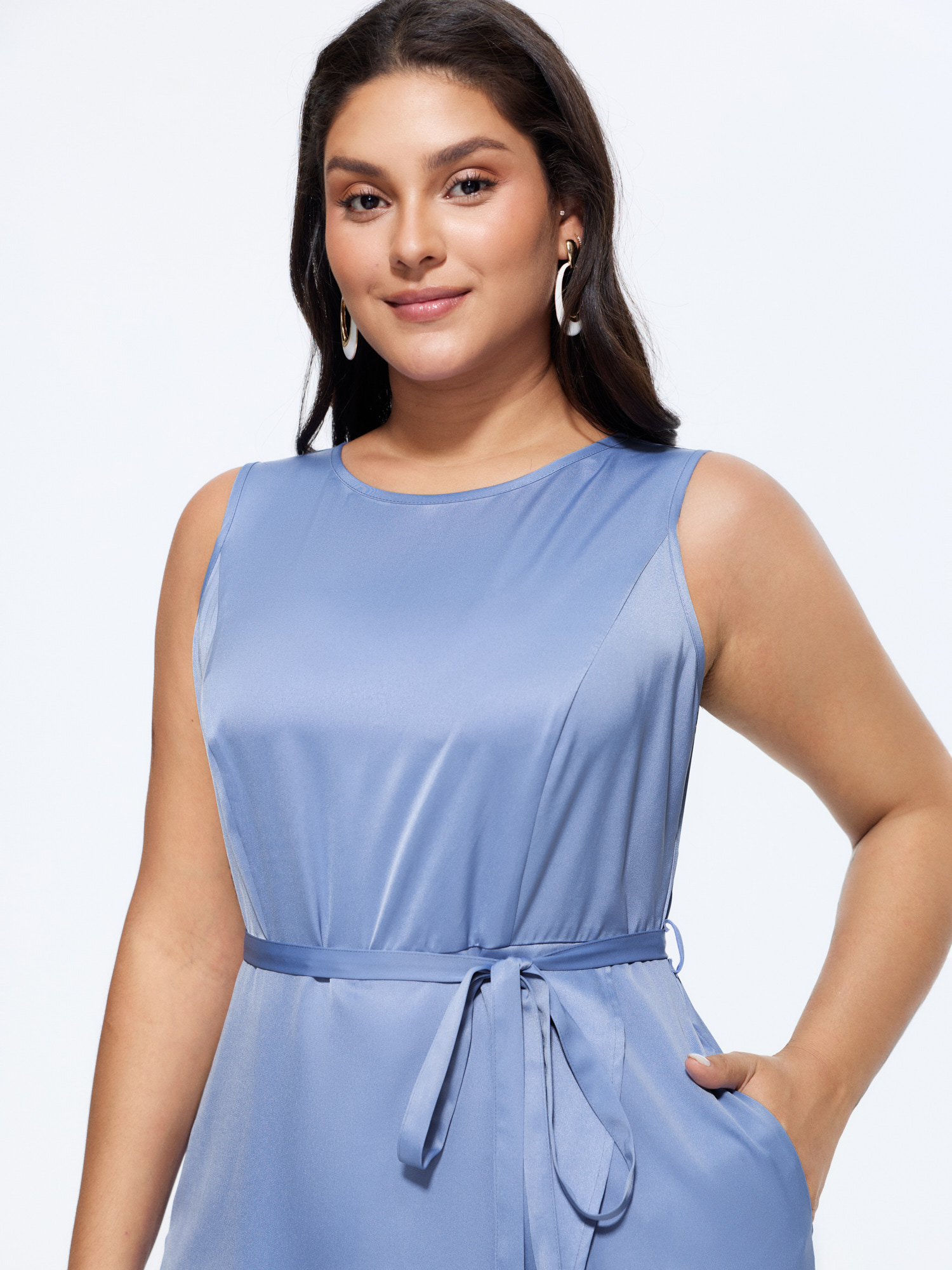Side view of BloomChic Women's Plus Size Layered Satin Waist-Tie Jumpsuit Bluepurple Elegant Fitted 22-24/3X