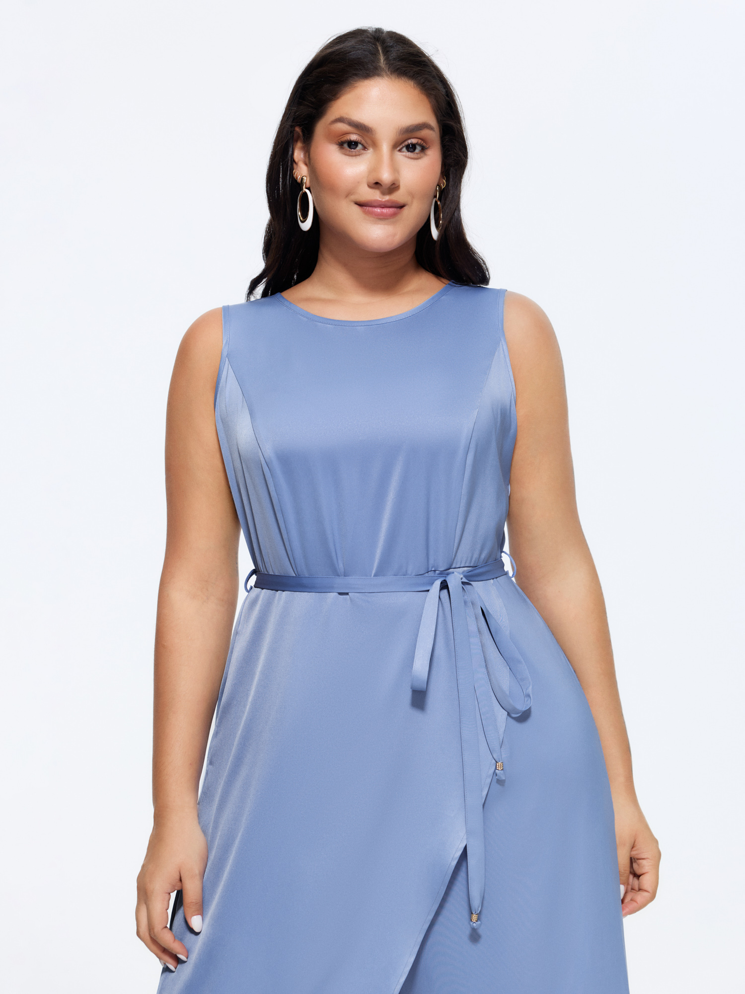 Side view of BloomChic Women's Plus Size Layered Satin Waist-Tie Jumpsuit Bluepurple Elegant Fitted 22-24/3X