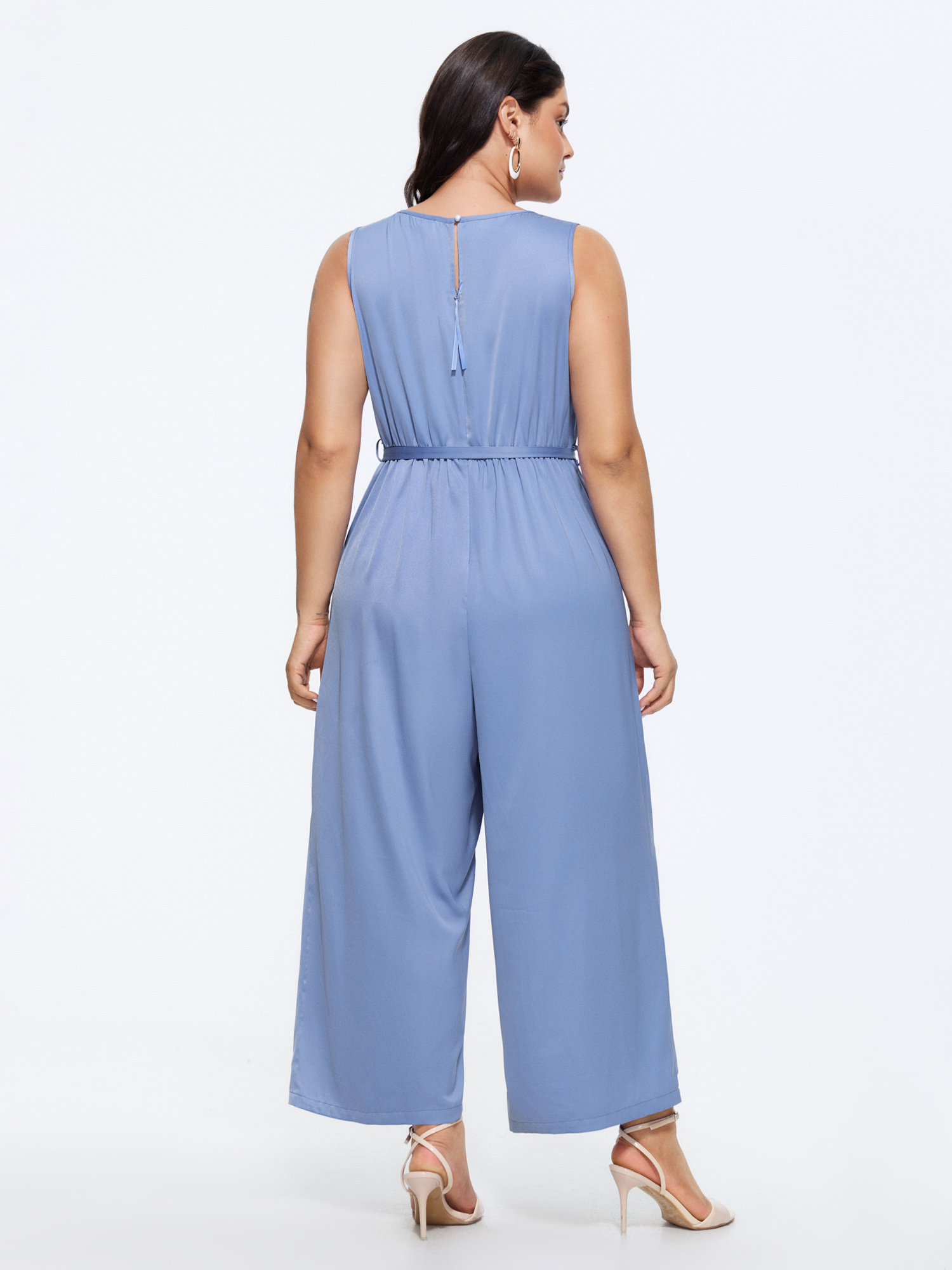 Side view of BloomChic Women's Plus Size Layered Satin Waist-Tie Jumpsuit Bluepurple Elegant Fitted 22-24/3X