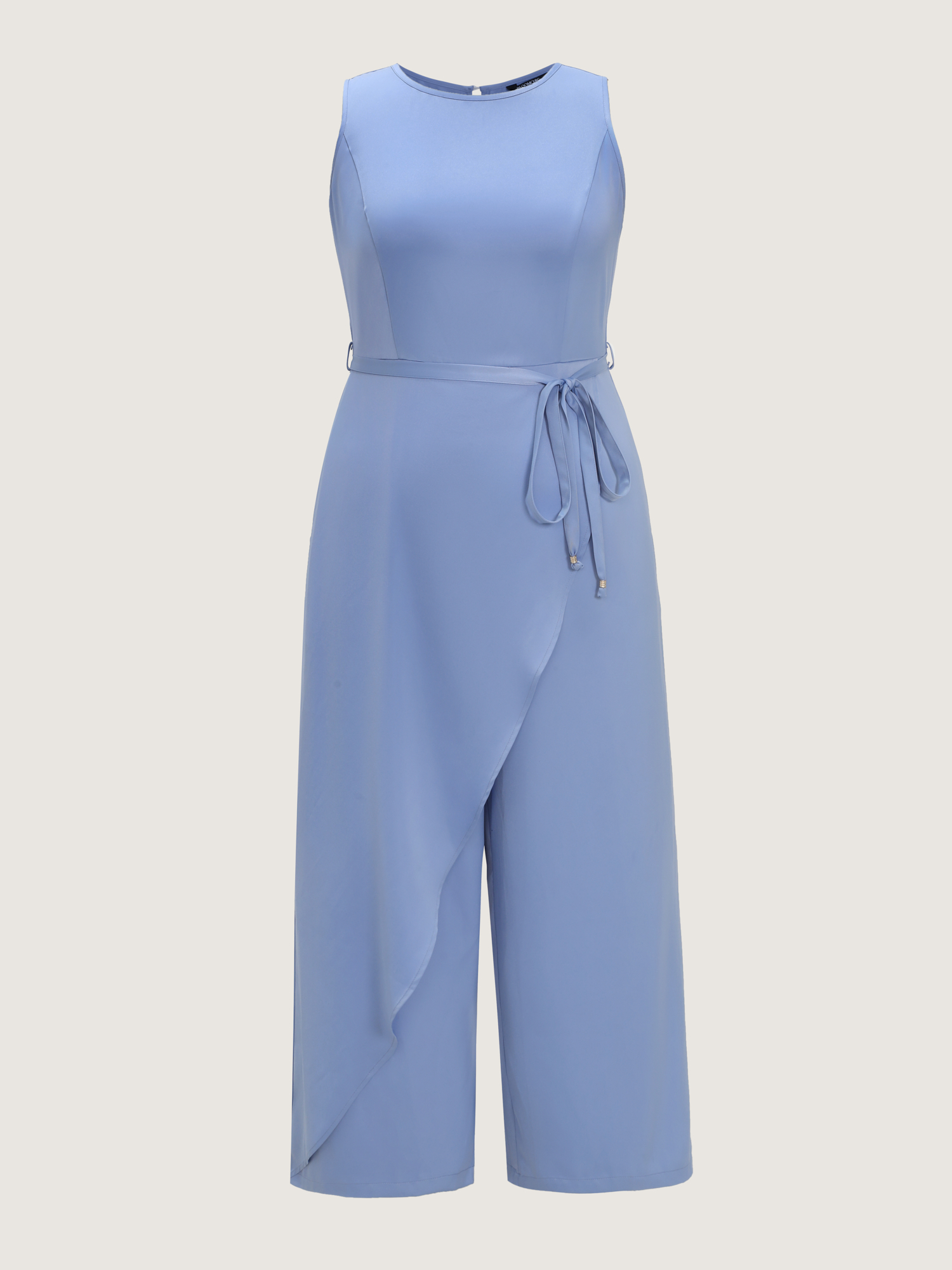 Side view of BloomChic Women's Plus Size Layered Satin Waist-Tie Jumpsuit Bluepurple Elegant Fitted 22-24/3X