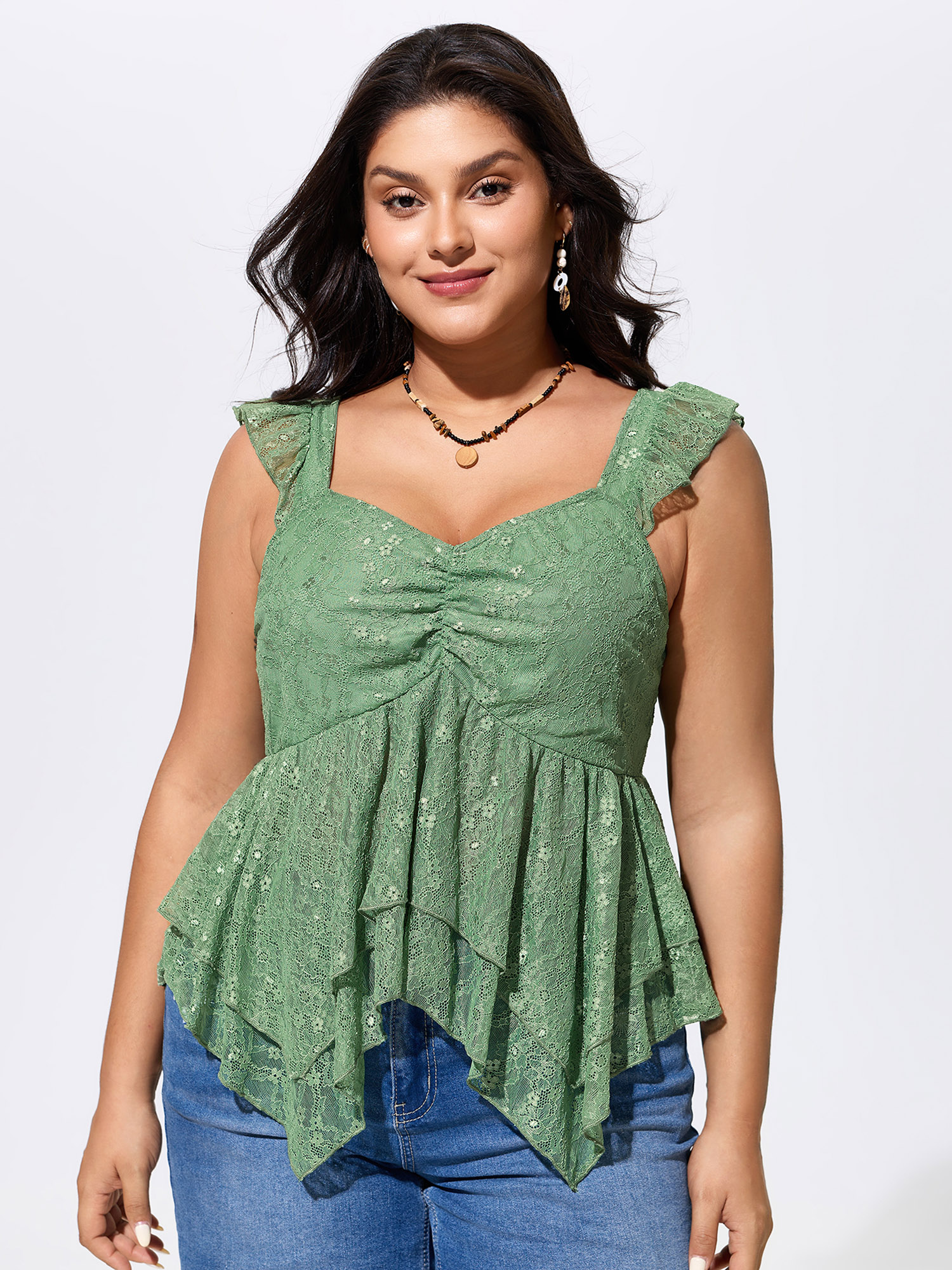BloomChic Women's Plus Size Stretchy Floral Lace Sweetheart Neckline Blouse Greenbean Vacation Fit & Flare Sweetheart Neck 22-24/3X