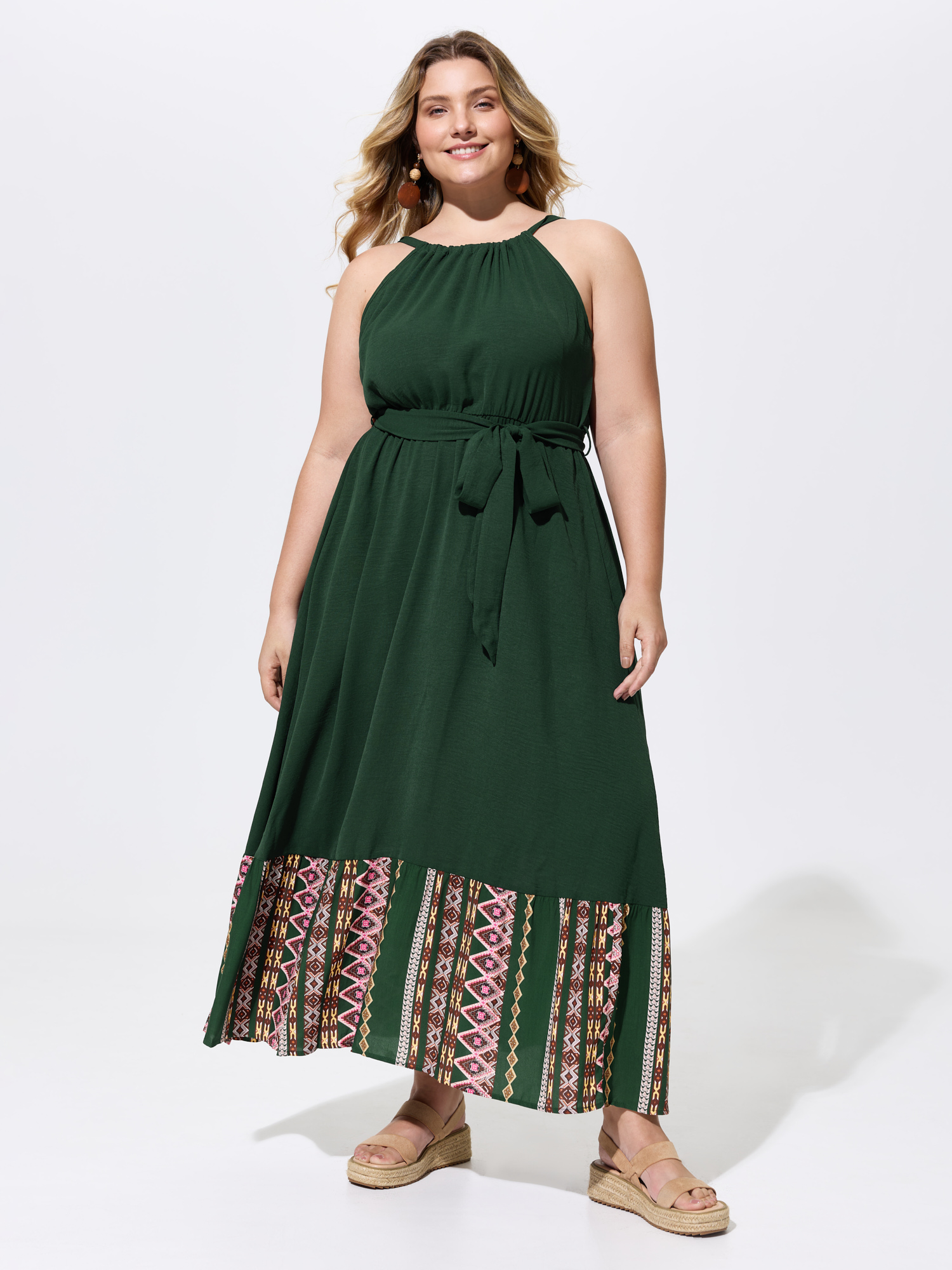 BloomChic Women's Plus Size Colorful Boho Striped Hem Halter Neck Maxi Dress DarkGreen Non Maxi Vacation Belted 10/M